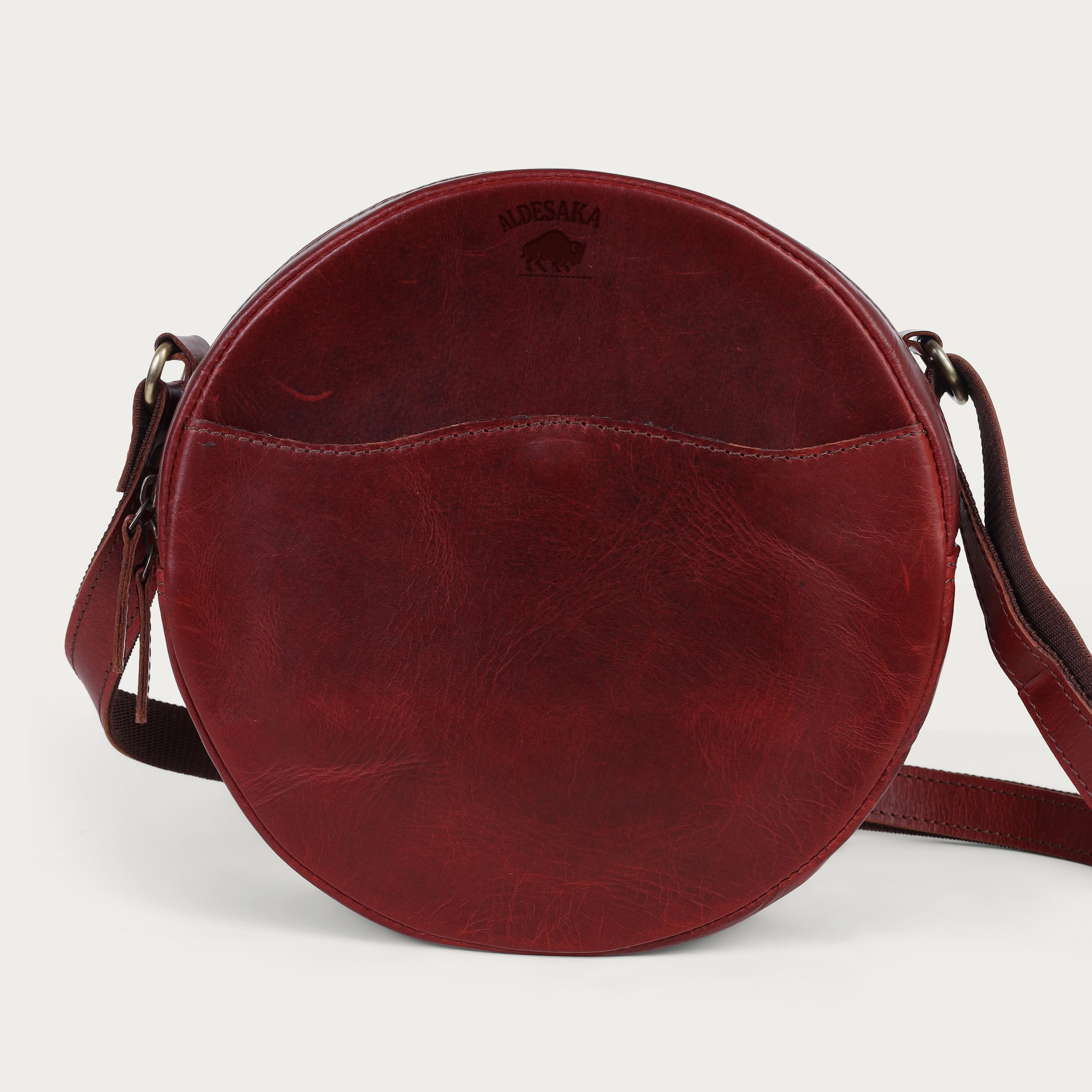 Wine Leather Crossbody Bag – Round Handmade Full Grain Sling for Women