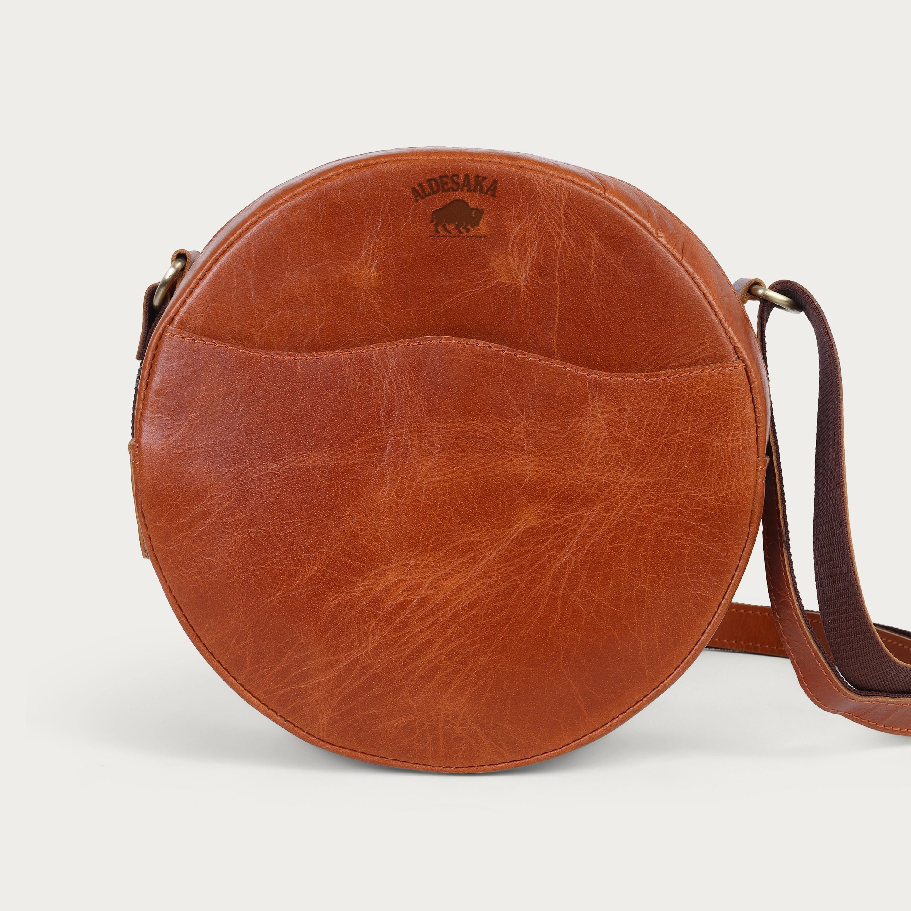 Tan Leather Crossbody Bag – Minimal Round Handmade Sling in Full Grain Leather