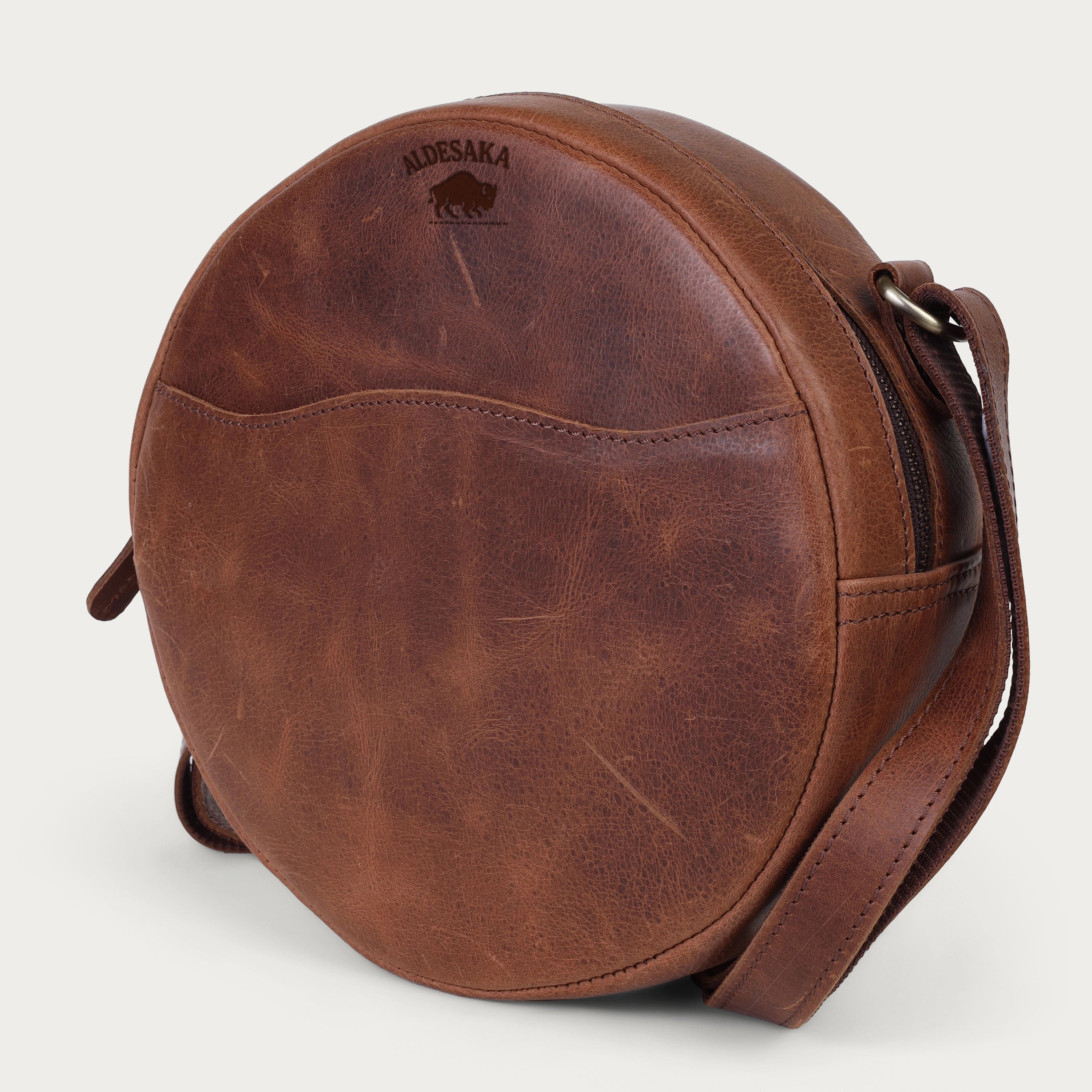 Vintage Brown Leather Crossbody Bag – Handmade Round Full Grain Sling