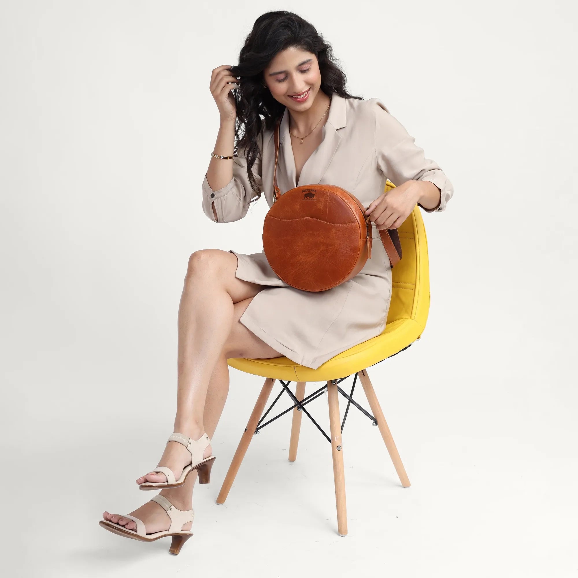 Tan Leather Crossbody Bag – Minimal Round Handmade Sling in Full Grain Leather