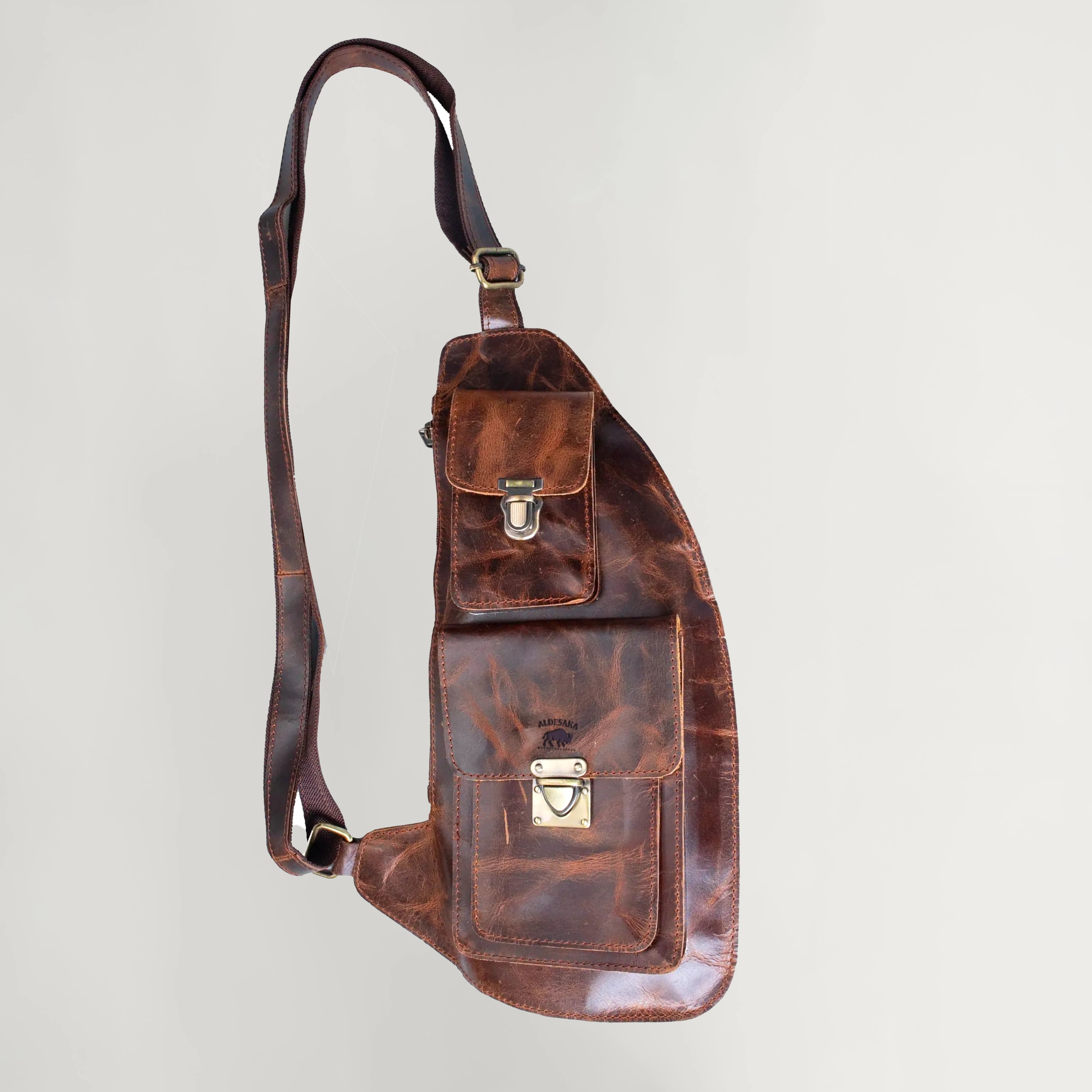 Men’s Full-Grain Leather Chest Sling Bag – Distressed Brown Crossbody Chest Pack with Dual Buckle Pockets – Gift for Him