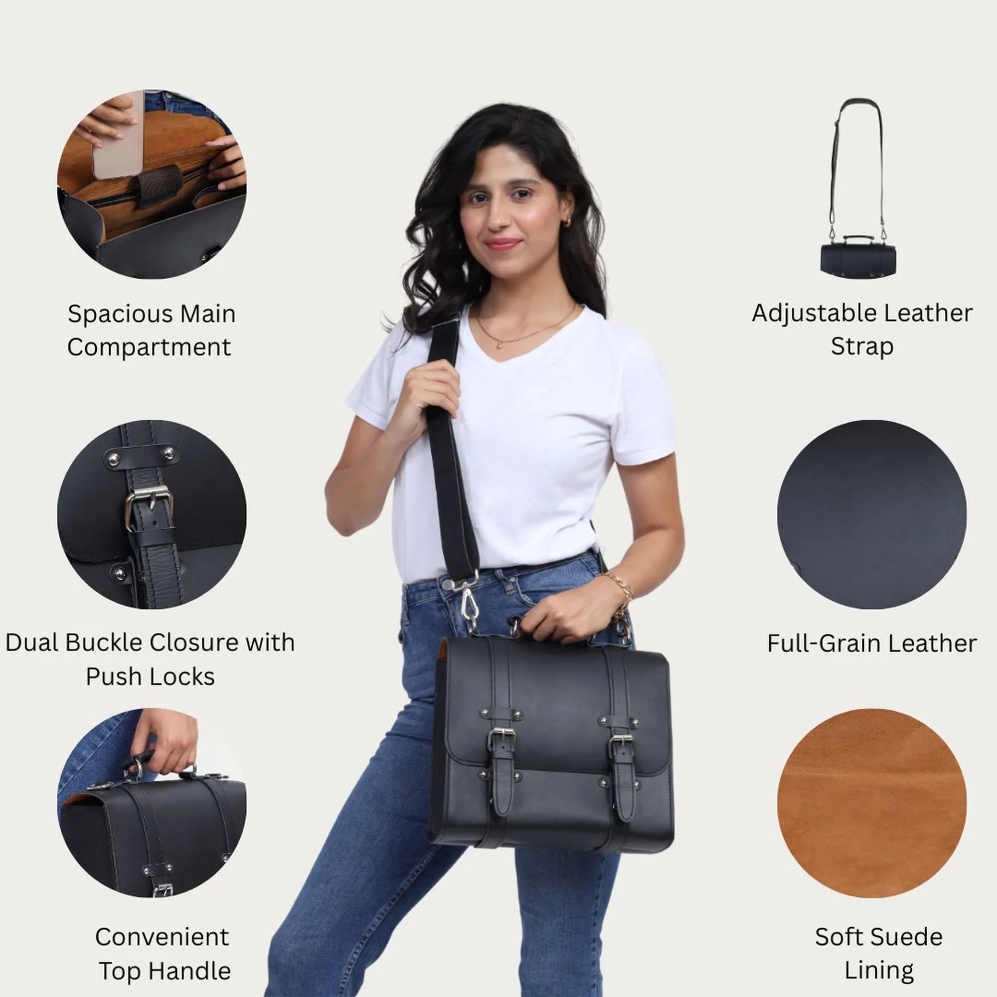 Black Leather Messenger Bag – Handmade Full Grain Business Satchel