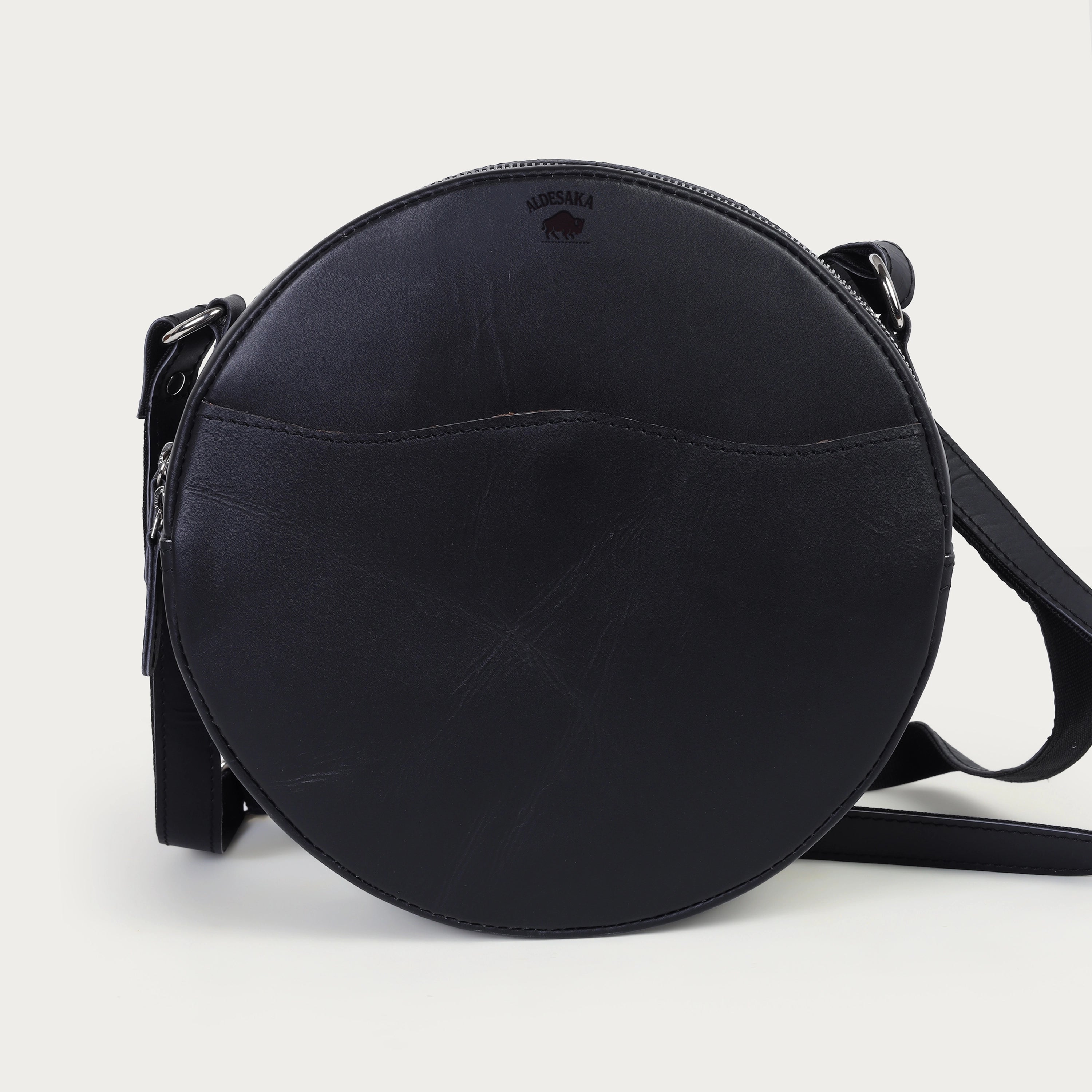 Round Black Leather Sling Bag – Full Grain Leather Crossbody Purse for Everyday Use (2 Sizes)