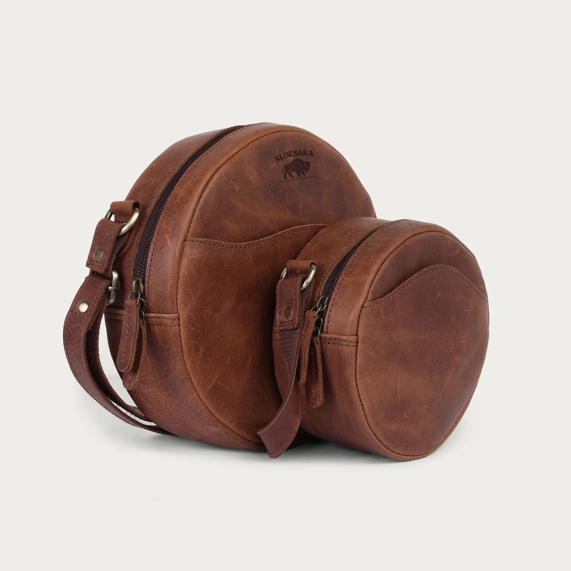 Vintage Brown Leather Crossbody Bag – Handmade Round Full Grain Sling