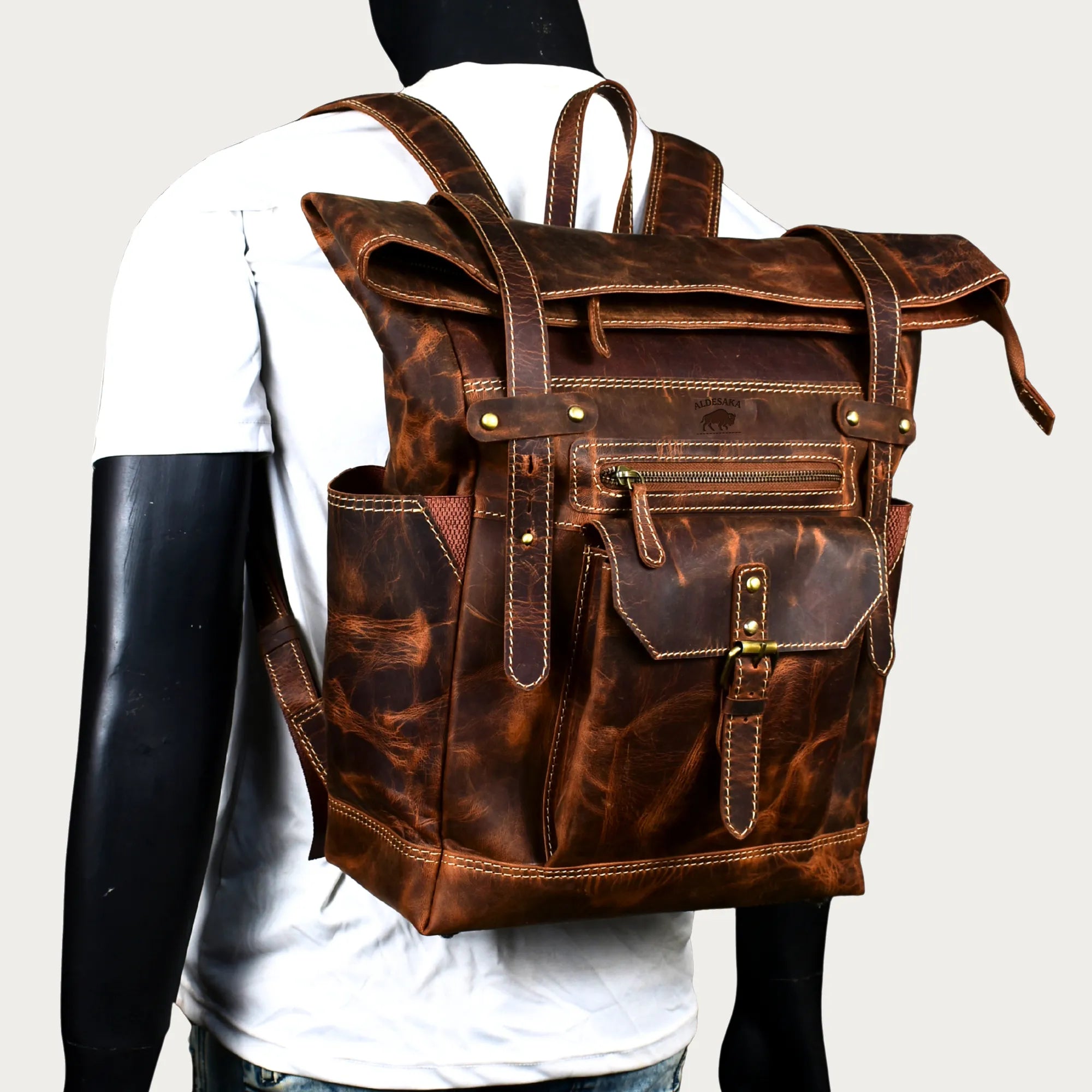 Roll-Top Distressed Leather Backpack – Full-Grain Men’s Travel Laptop Bag (Fits 16")