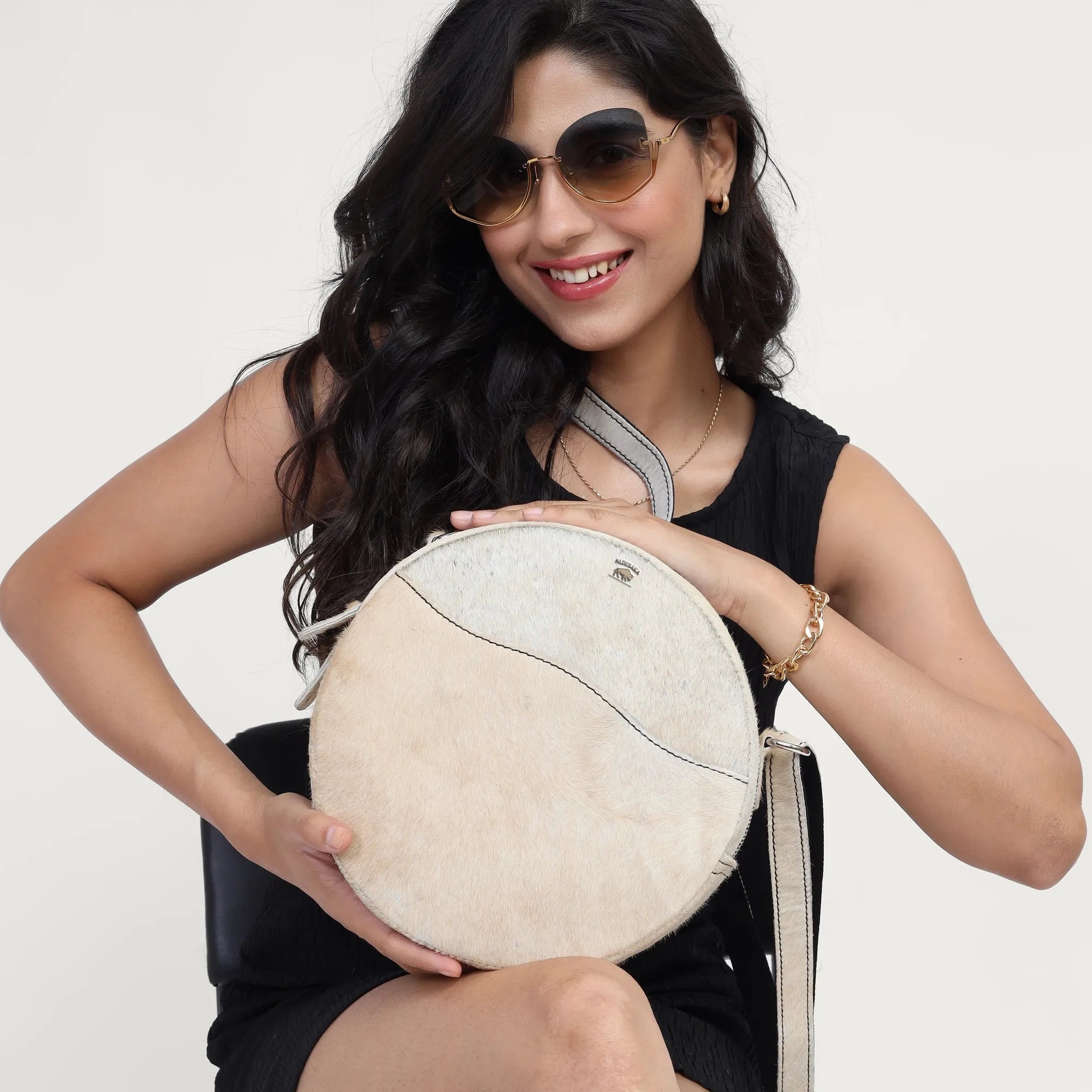 White Hairon Leather Crossbody Bag – Handmade Round Sling (USA Shipping)