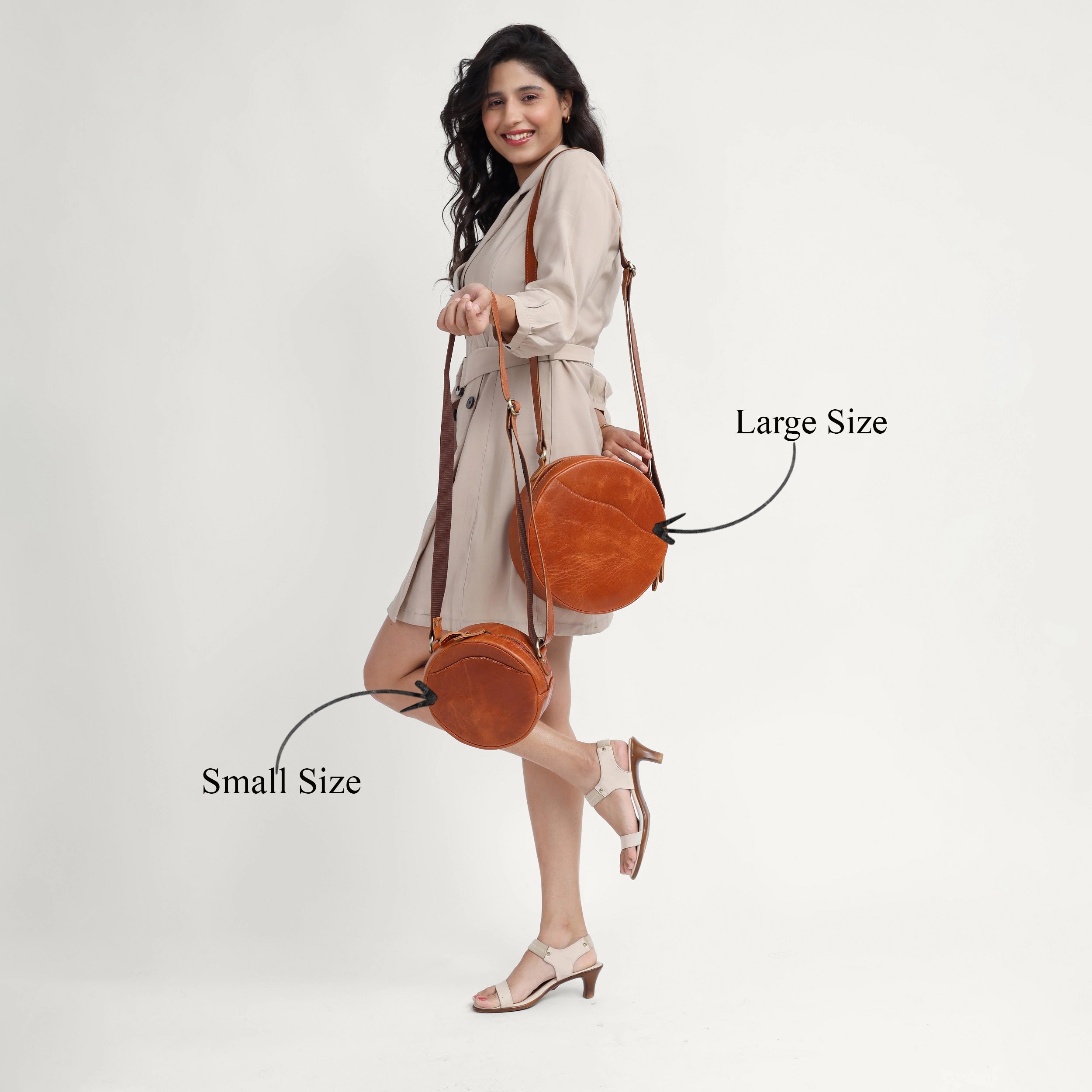 Tan Leather Crossbody Bag – Minimal Round Handmade Sling in Full Grain Leather