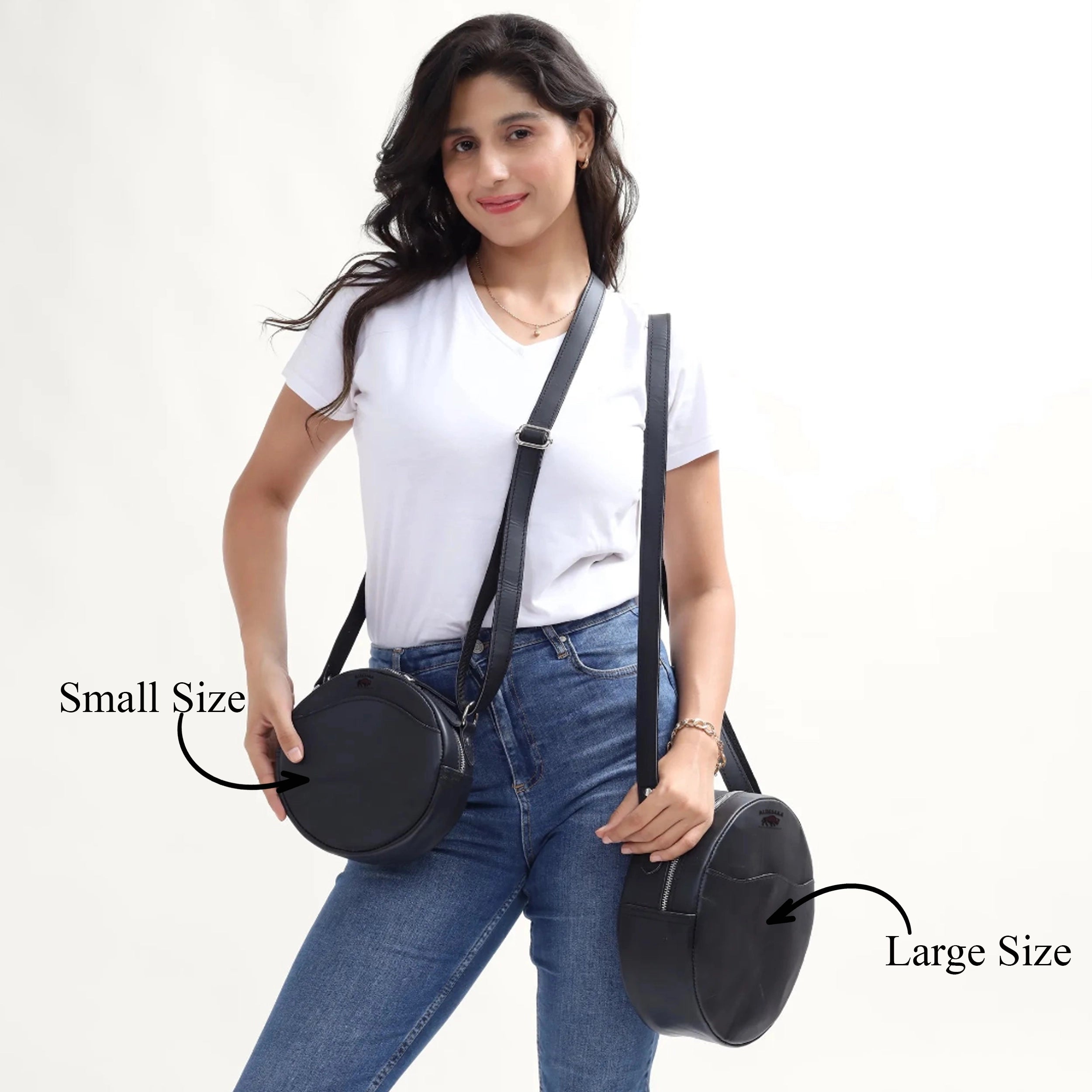Round Black Leather Sling Bag – Full Grain Leather Crossbody Purse for Everyday Use (2 Sizes)