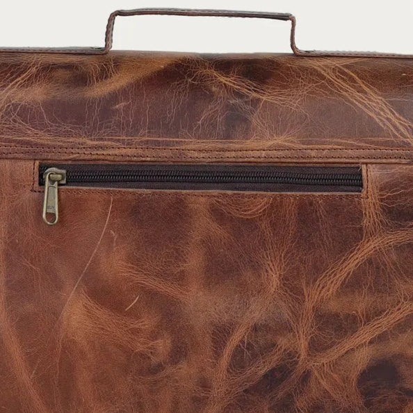 Brown leather crossbody bag on a light gray background