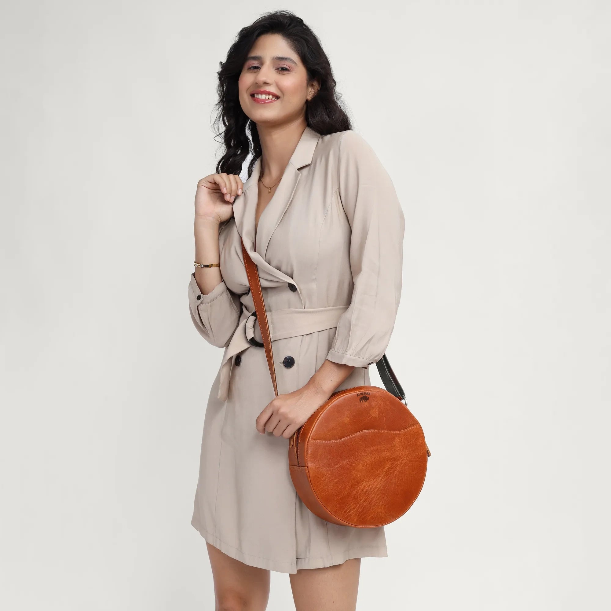 Tan Leather Crossbody Bag – Minimal Round Handmade Sling in Full Grain Leather