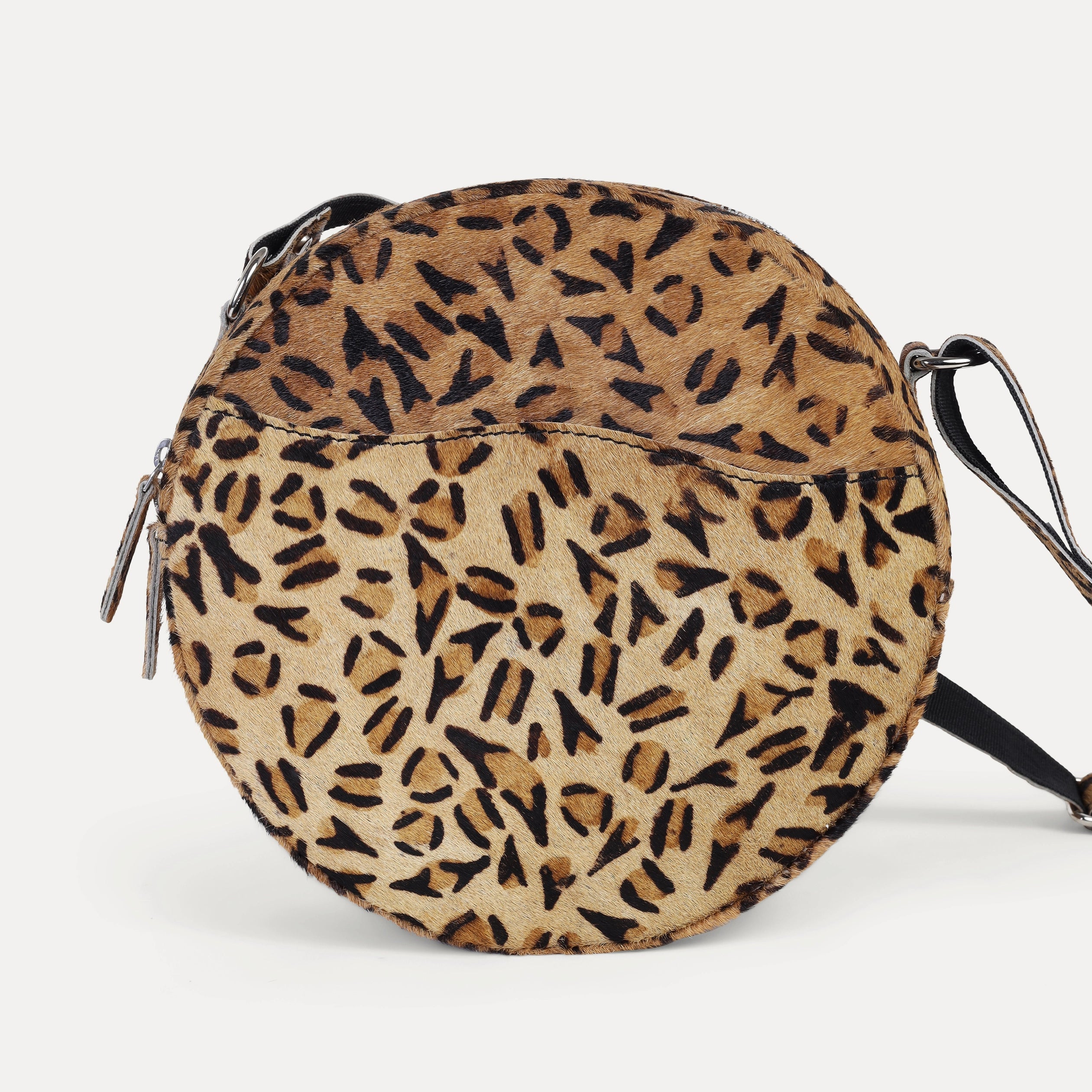 Leopard Hairon Leather Crossbody Bag – Round Handmade Sling for Women