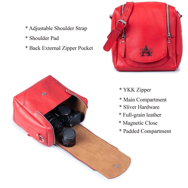 Red Leather Camera Bag – Bold Full-Grain Leather Crossbody for Women & Men | Travel-Ready Compact DSLR Bag | Gift for Photographers