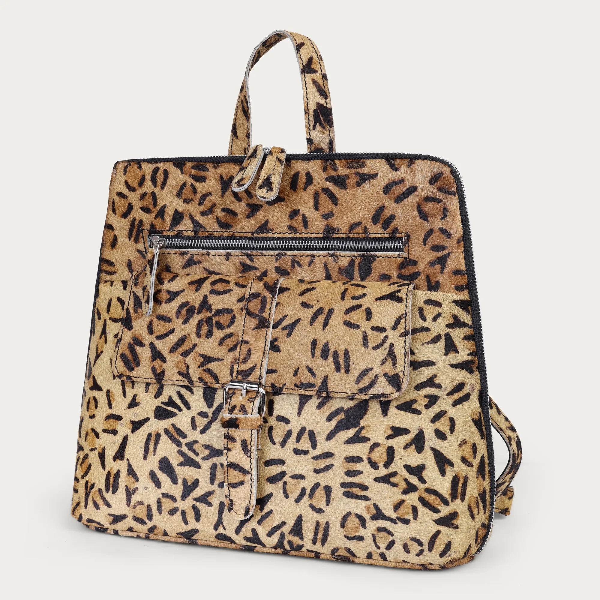 Leopard Hairon Leather Backpack – Handmade Cowhide Daypack for Women