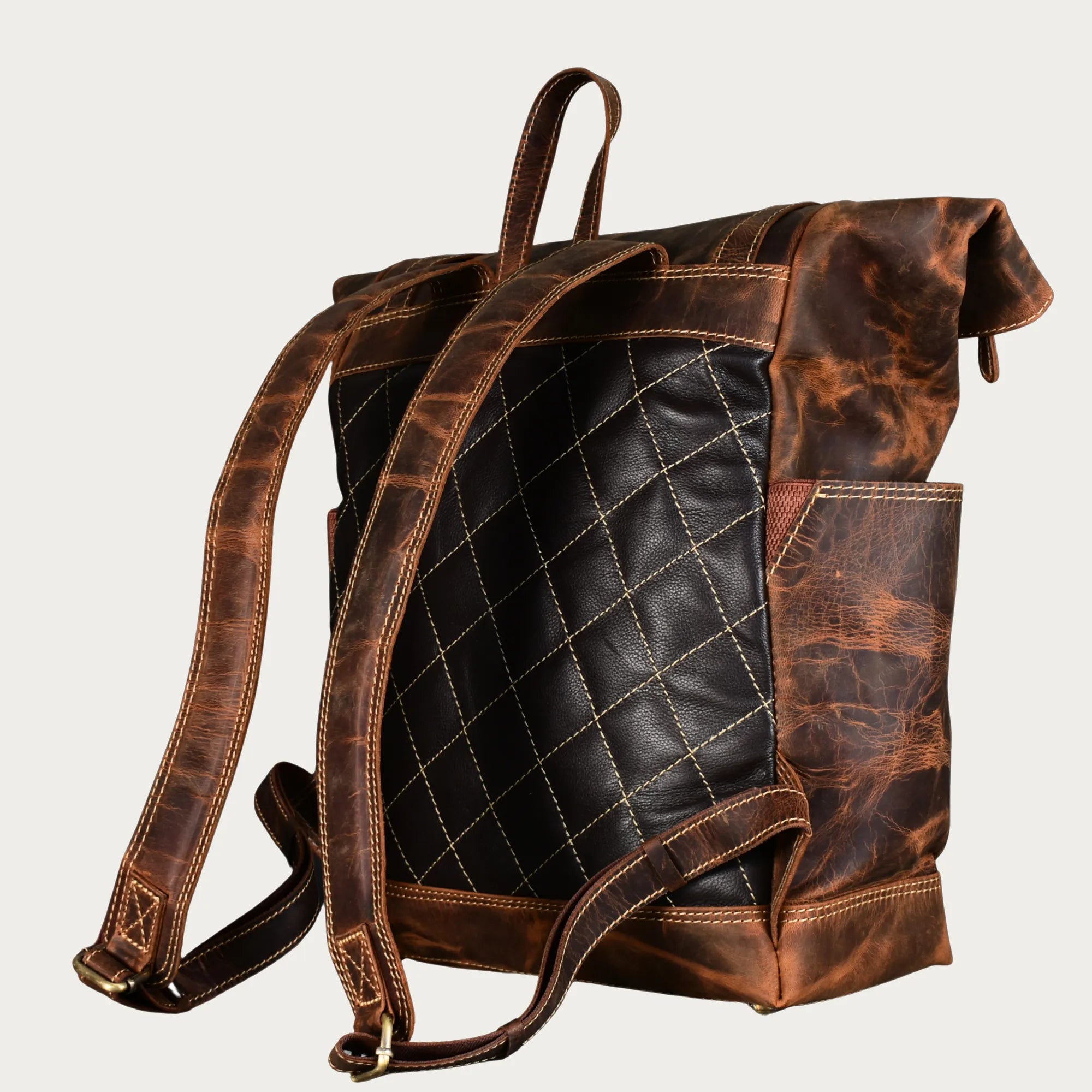 Roll-Top Distressed Leather Backpack – Full-Grain Men’s Travel Laptop Bag (Fits 16")
