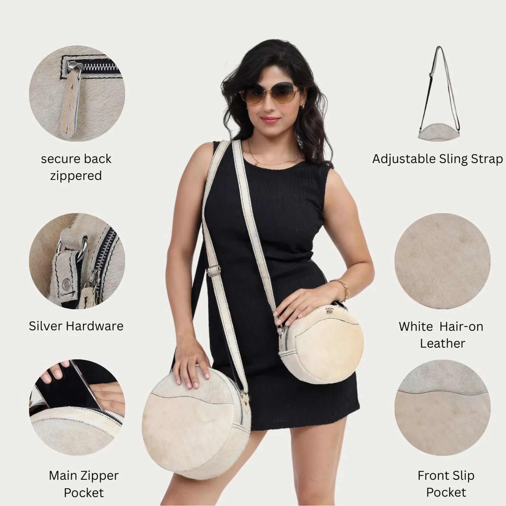 White Hairon Leather Crossbody Bag – Handmade Round Sling (USA Shipping)