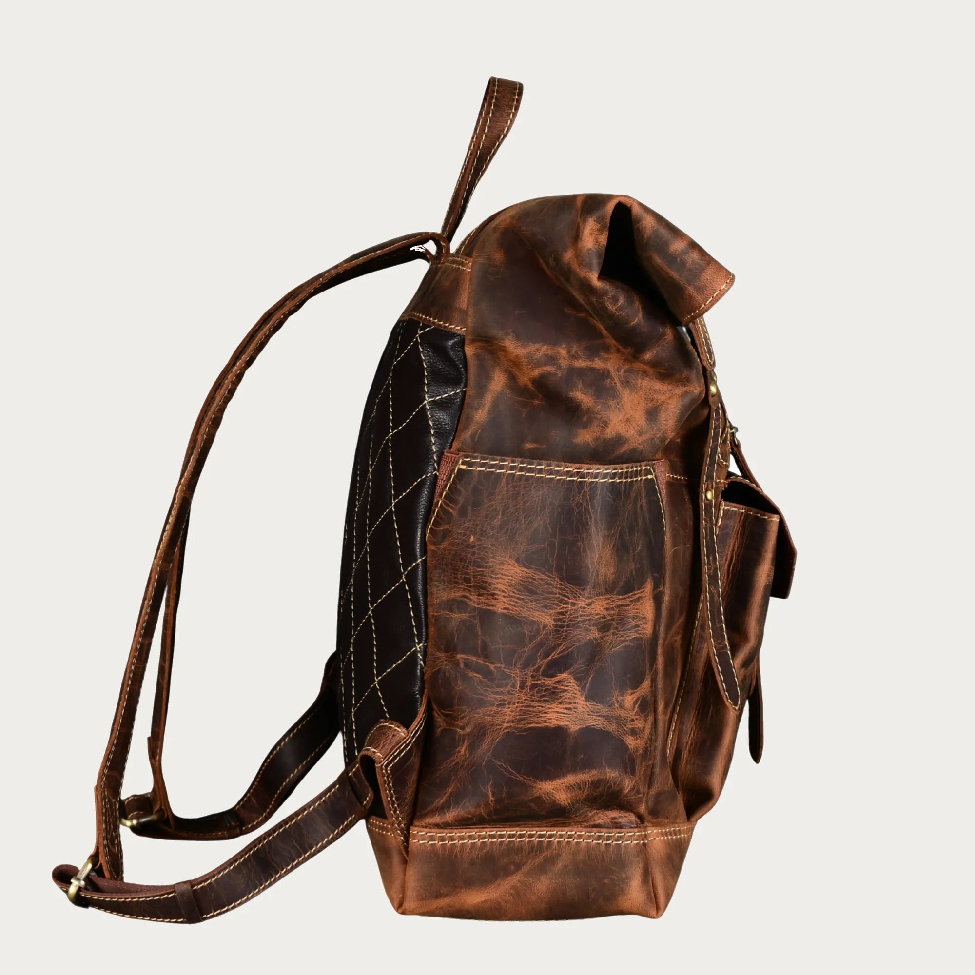 Roll-Top Distressed Leather Backpack – Full-Grain Men’s Travel Laptop Bag (Fits 16")
