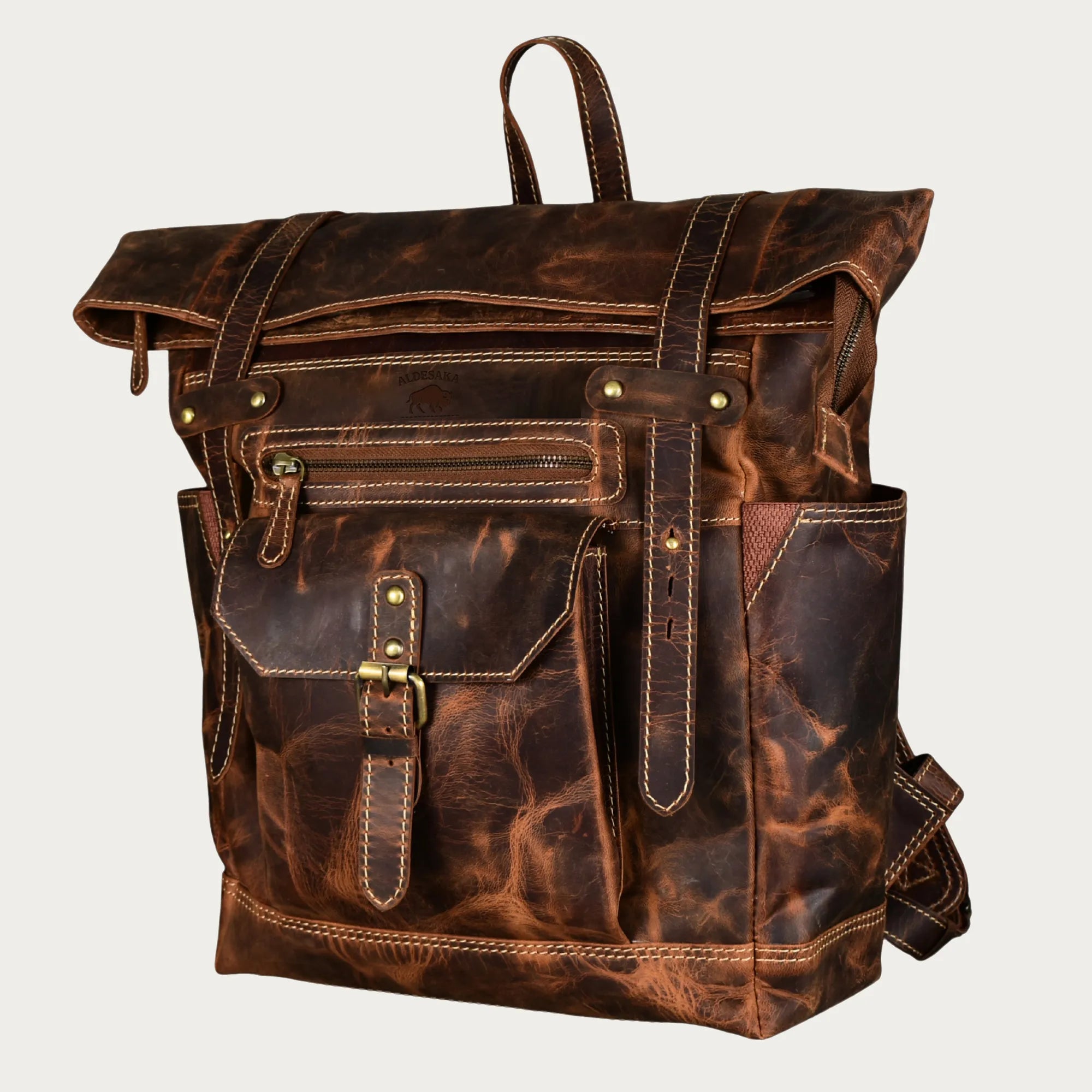 Roll-Top Distressed Leather Backpack – Full-Grain Men’s Travel Laptop Bag (Fits 16")