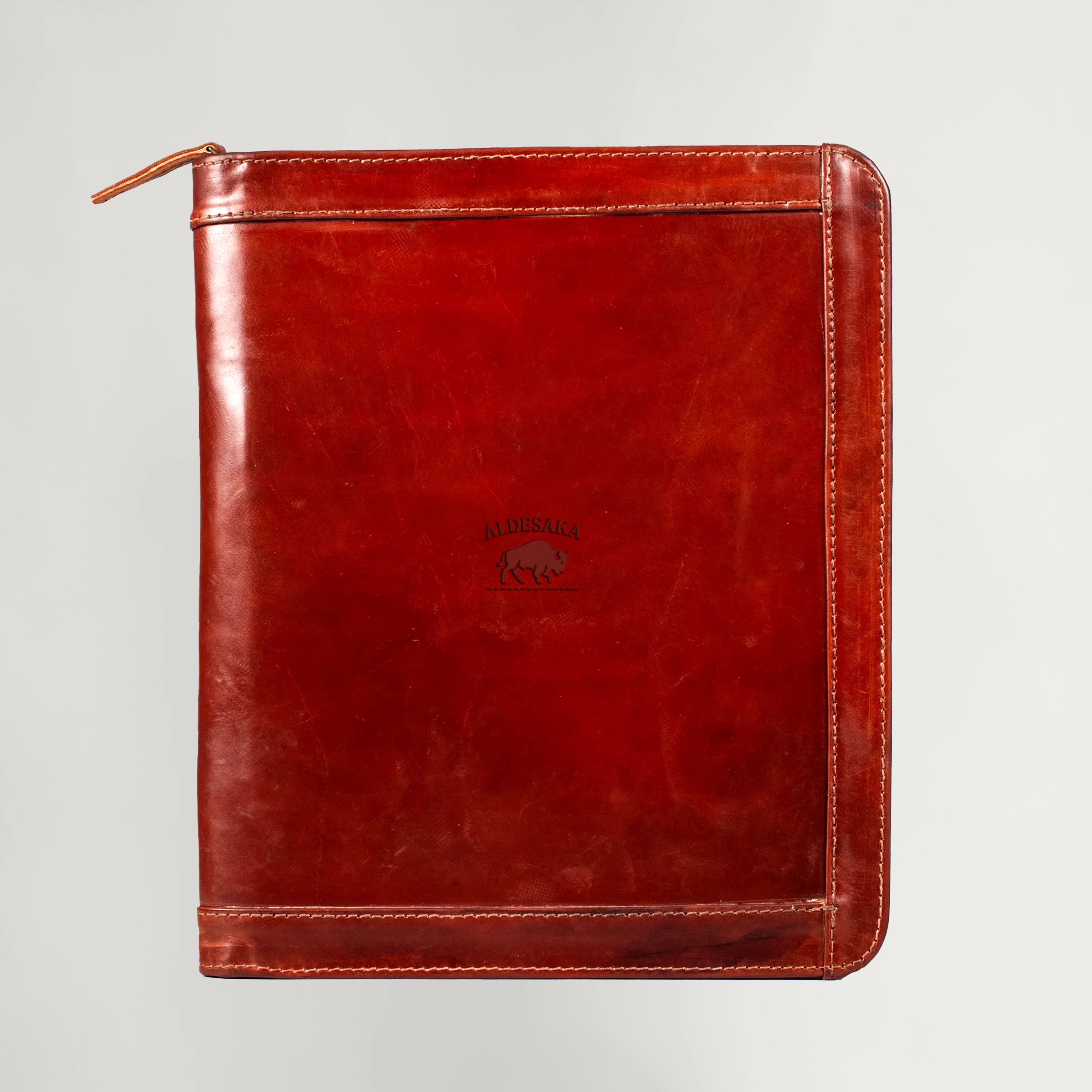 Full-Grain Leather Zip Portfolio – Handmade A4 A5 Document Holder with Pen & Card Slots – Professional Business Folder