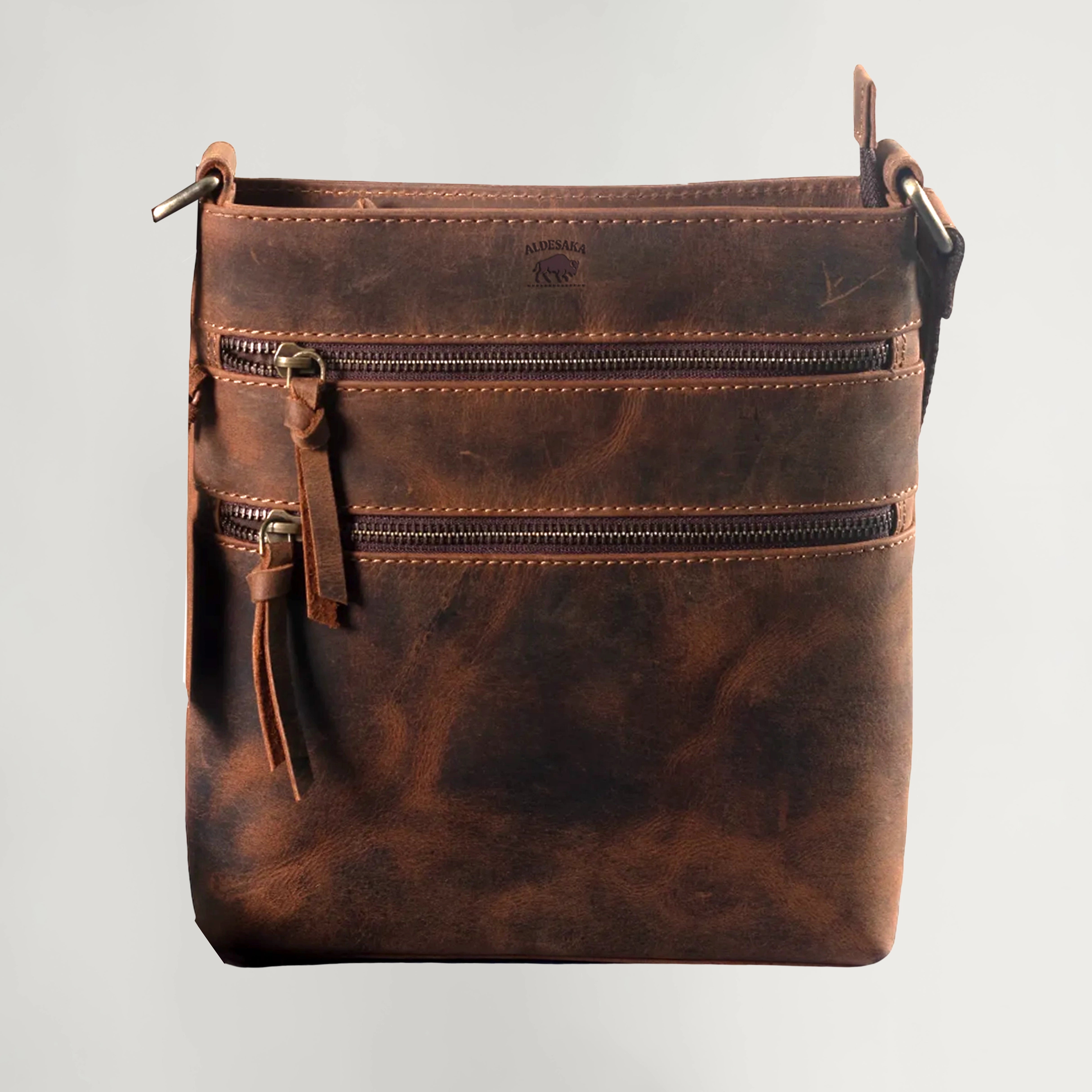Distressed Leather Crossbody Bag – Full-Grain Unisex Everyday Sling with Dual Zipper Pockets (10" x 6" x 1")