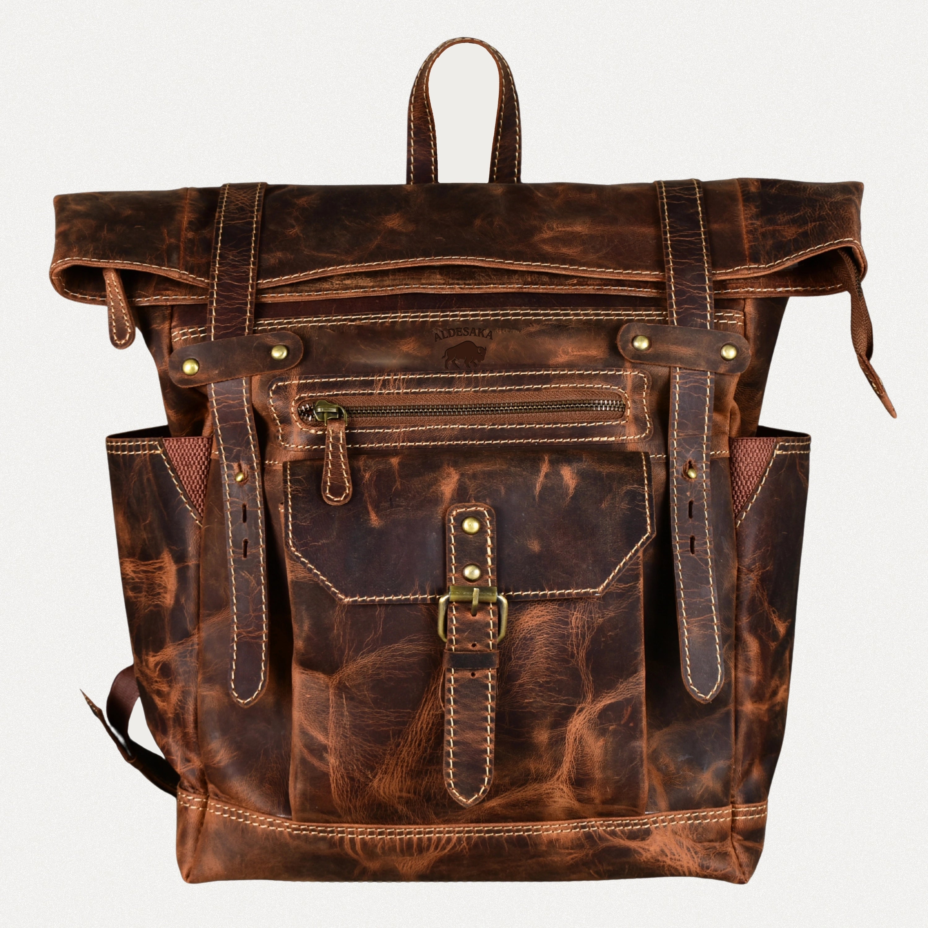 Roll-Top Distressed Leather Backpack – Full-Grain Men’s Travel Laptop Bag (Fits 16")