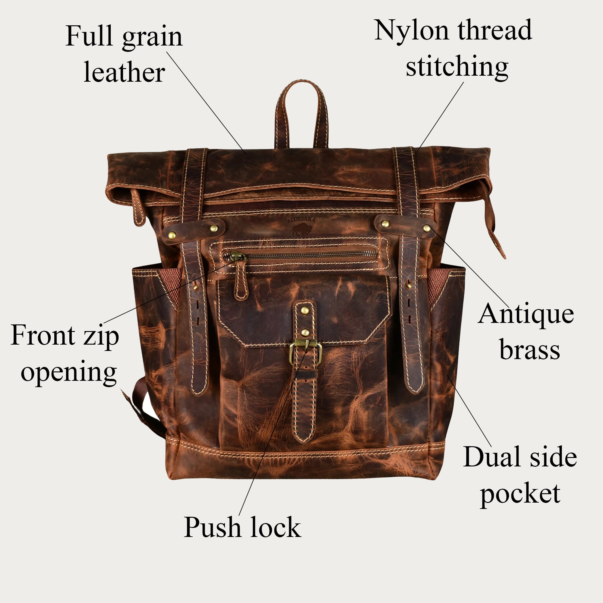 Roll-Top Distressed Leather Backpack – Full-Grain Men’s Travel Laptop Bag (Fits 16")
