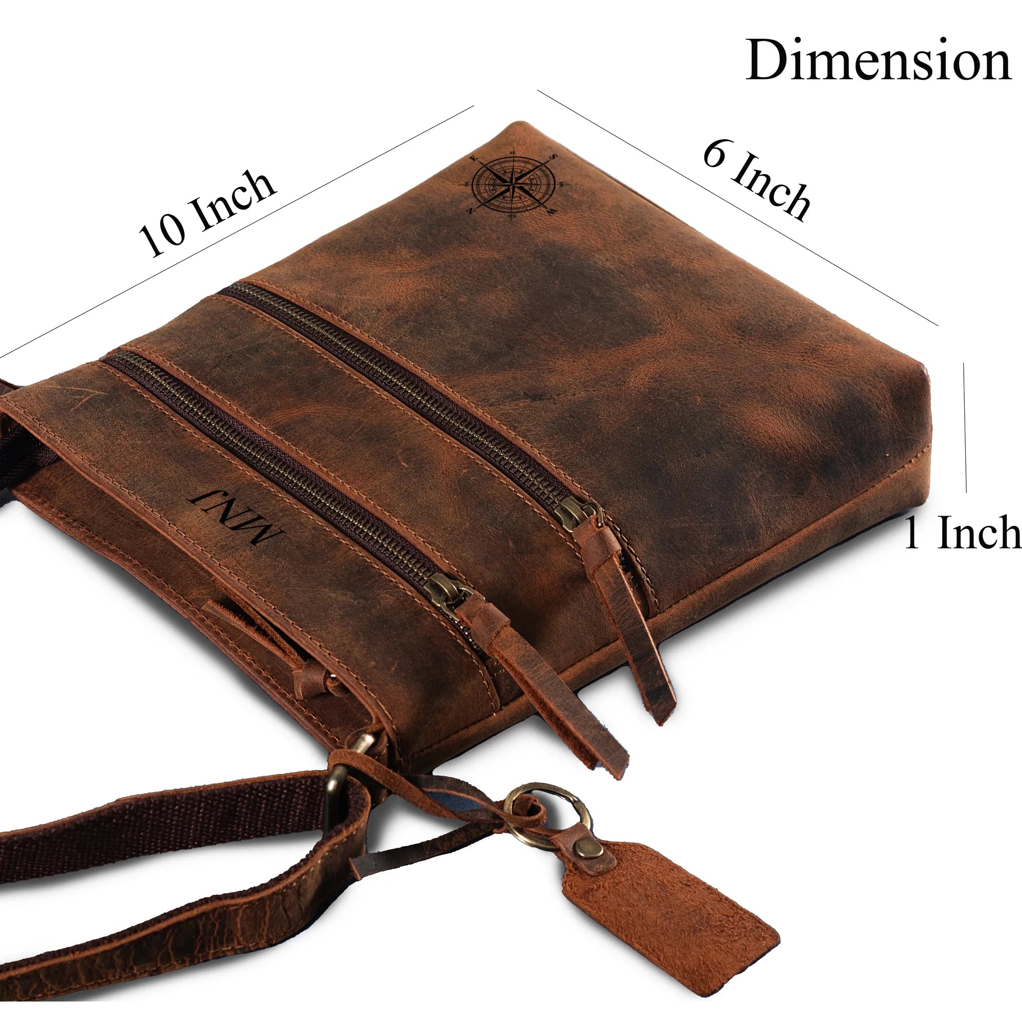 Distressed Leather Crossbody Bag – Full-Grain Unisex Everyday Sling with Dual Zipper Pockets (10" x 6" x 1")