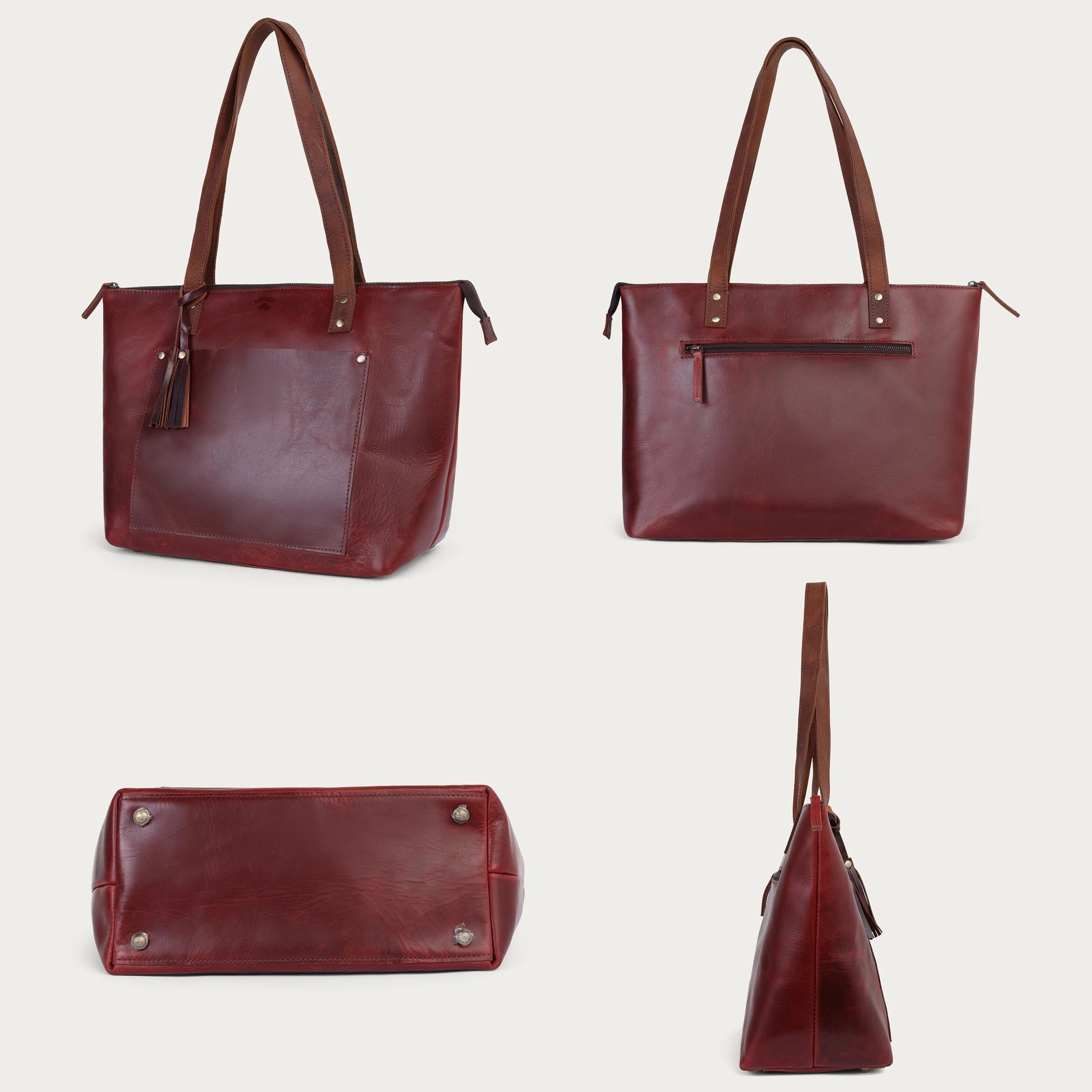 Wine Red Leather Tote Bag – Handmade in Full Grain Cowhide