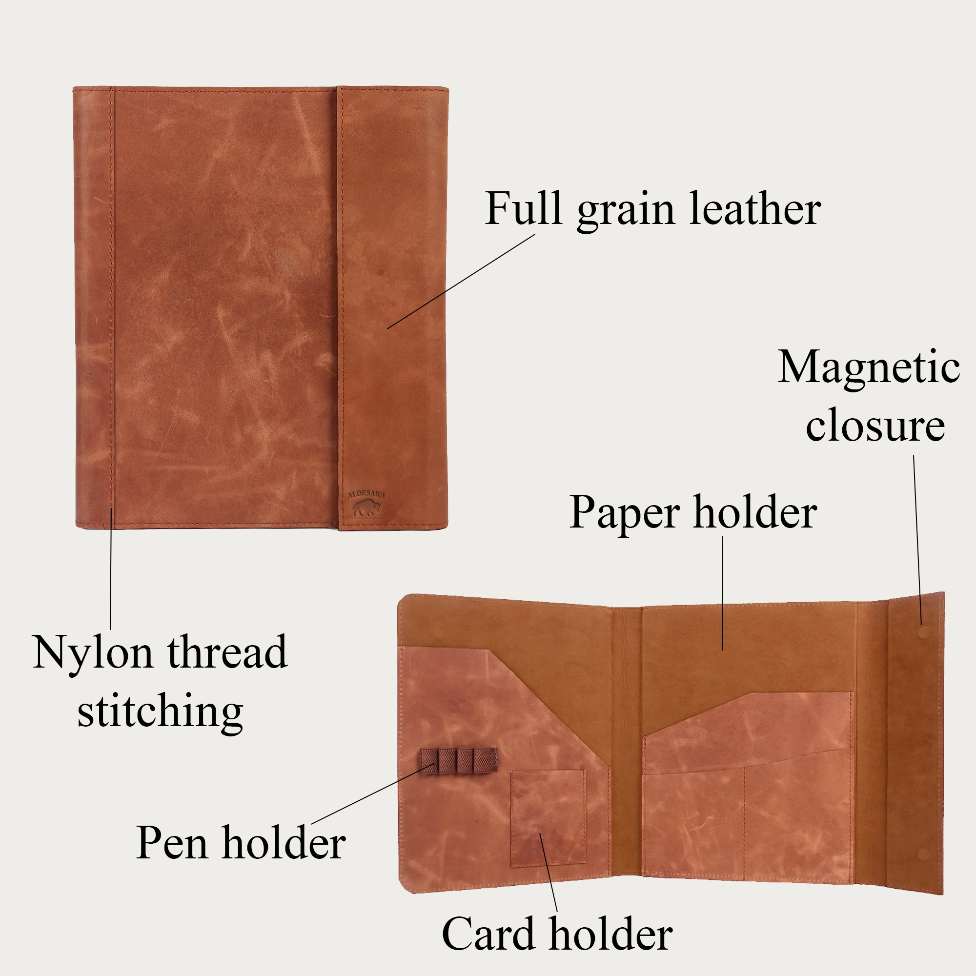 Tan Full-Grain Leather Portfolio – A4 & A5 Document Folder with Magnetic Closure