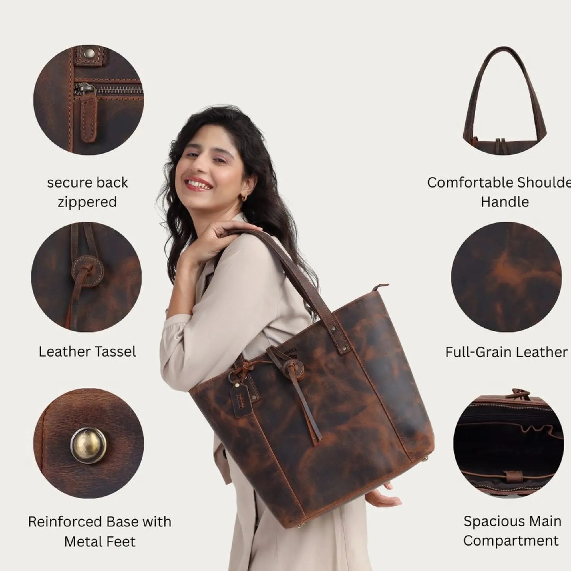 Handmade Leather Tote Bag for Women – Full-Grain Oil-Tanned Work & Travel Bag | Personalized | Available in 4 Sizes | Ships Worldwide