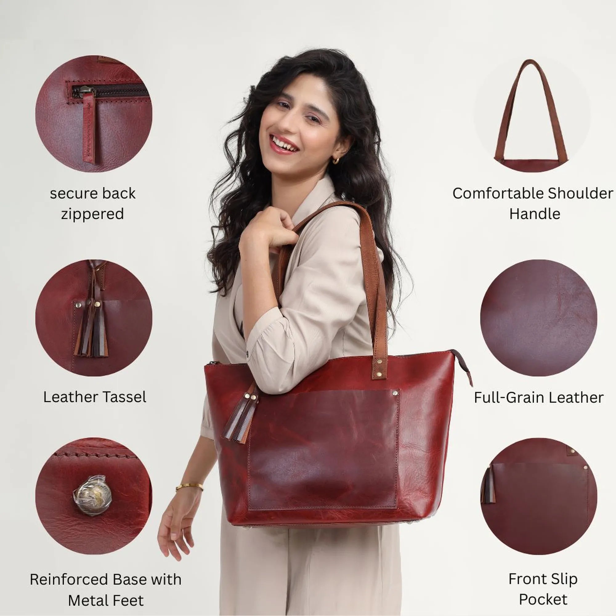 Wine Red Leather Tote Bag – Handmade in Full Grain Cowhide