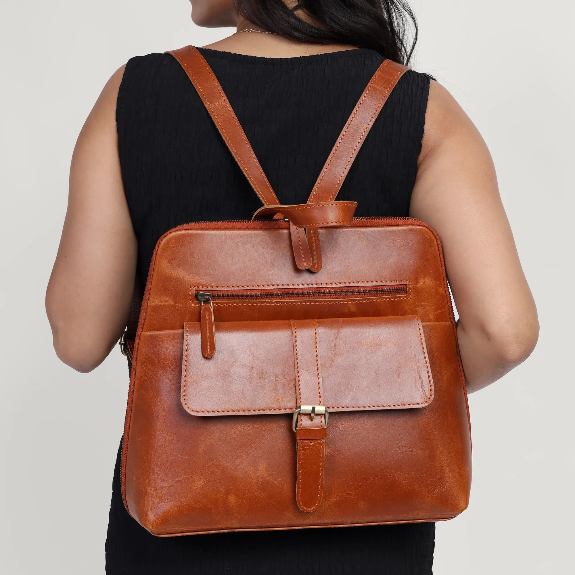 Tan Leather Backpack – Handmade Full Grain Minimalist Daypack for Women