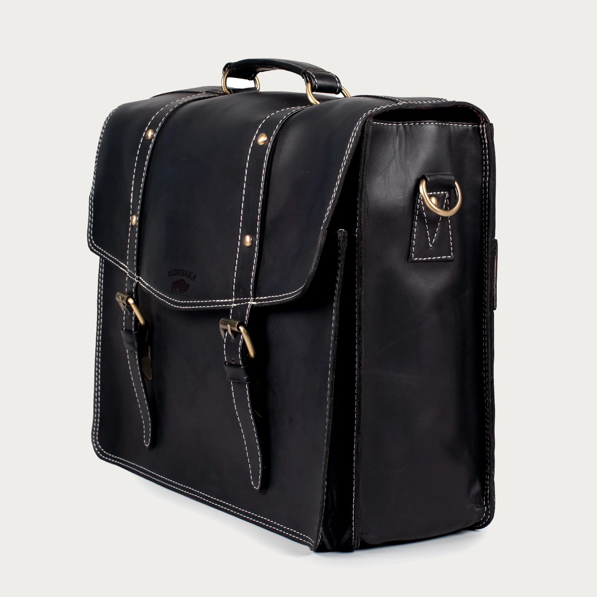 Smooth Black Leather Laptop Bag – Full-Grain Shoulder Briefcase with Buckle Flap & Trolley Sleeve (14" / 16" / 18")