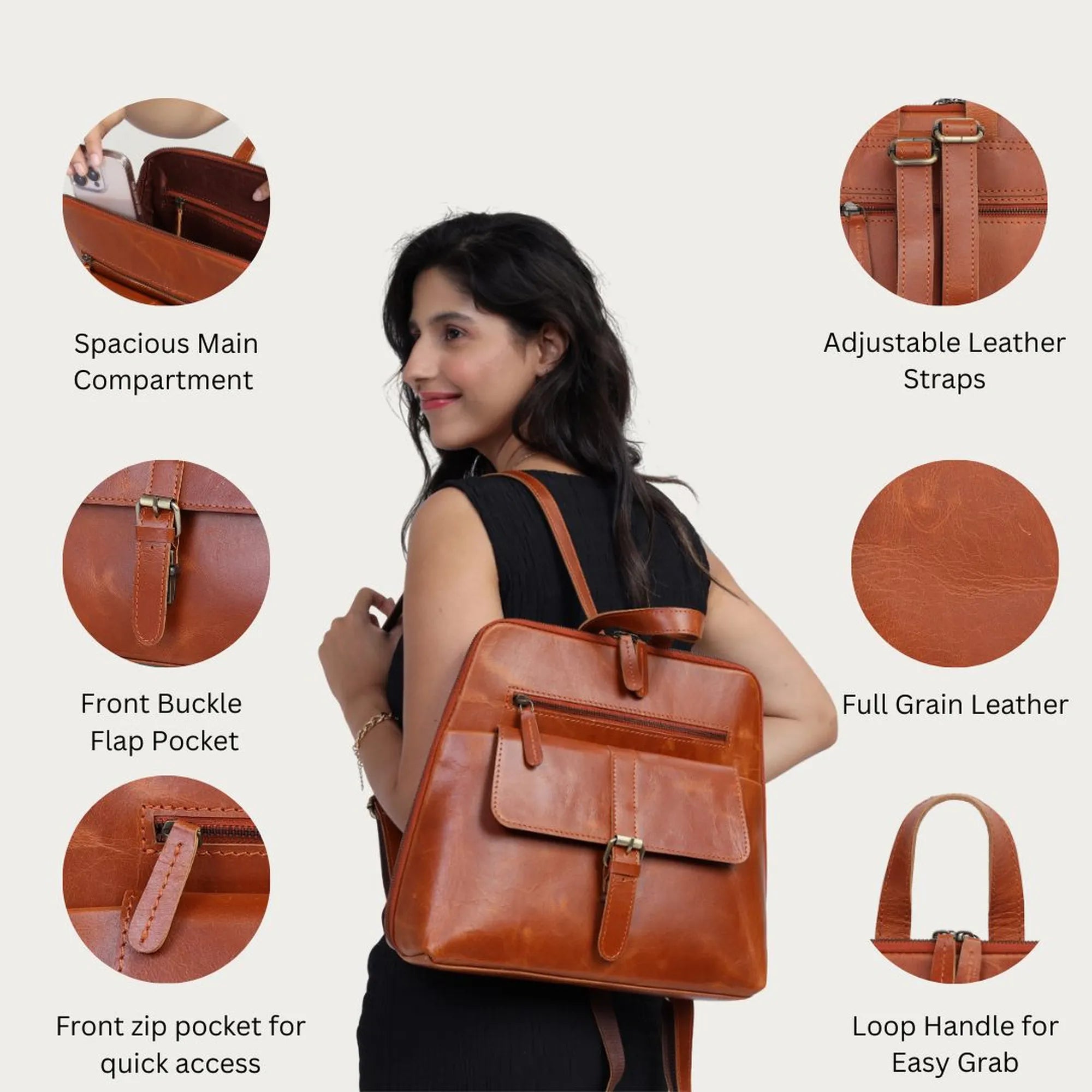 Tan Leather Backpack – Handmade Full Grain Minimalist Daypack for Women