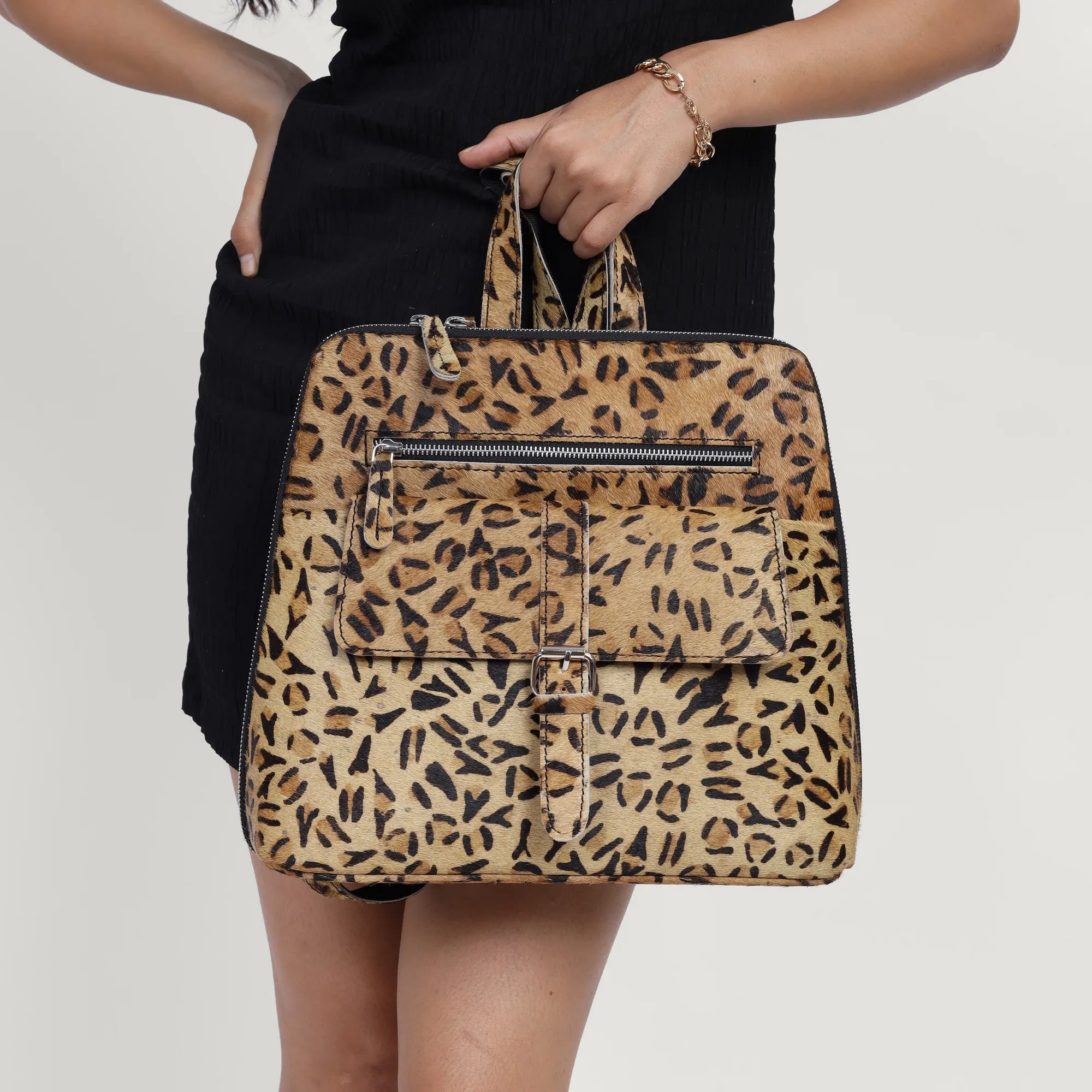 Leopard Hairon Leather Backpack – Handmade Cowhide Daypack for Women