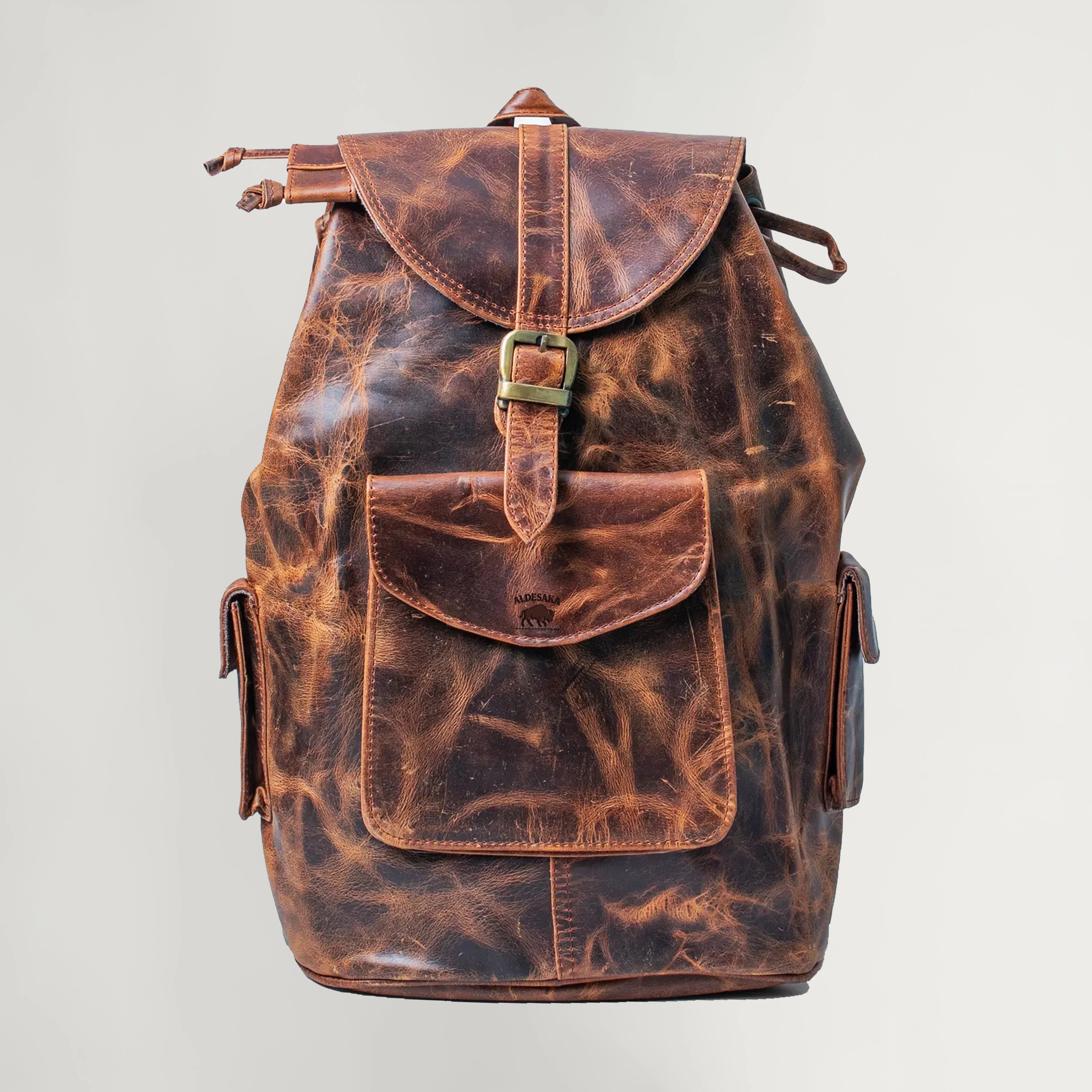 Distressed Brown Full-Grain Leather Backpack – Drawstring Rucksack with Buckle Flap, Laptop Sleeve & Side Pockets – Travel, Office, Gift