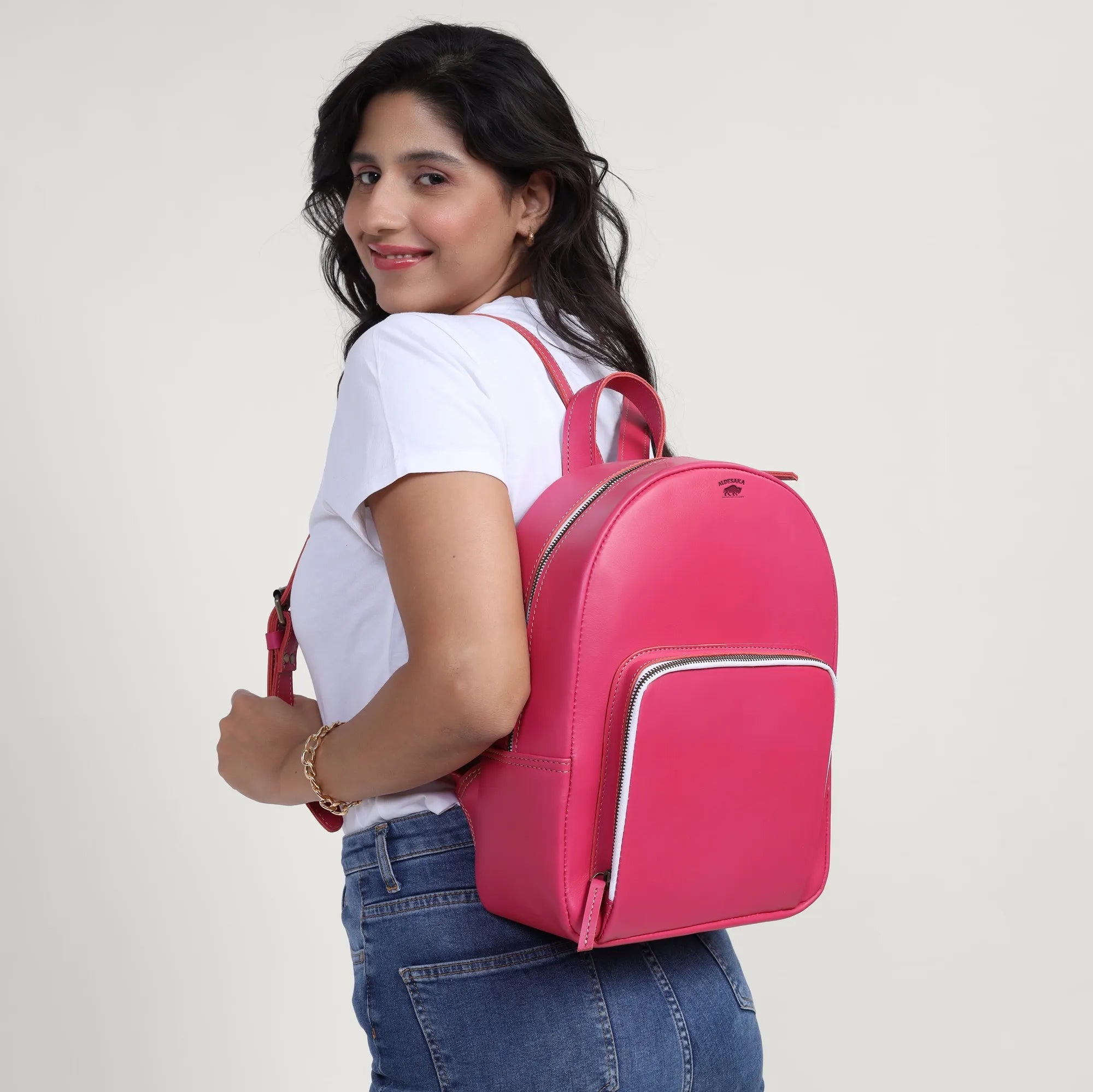 Pink Leather Backpack – Handmade Full Grain Minimalist Bag for Women