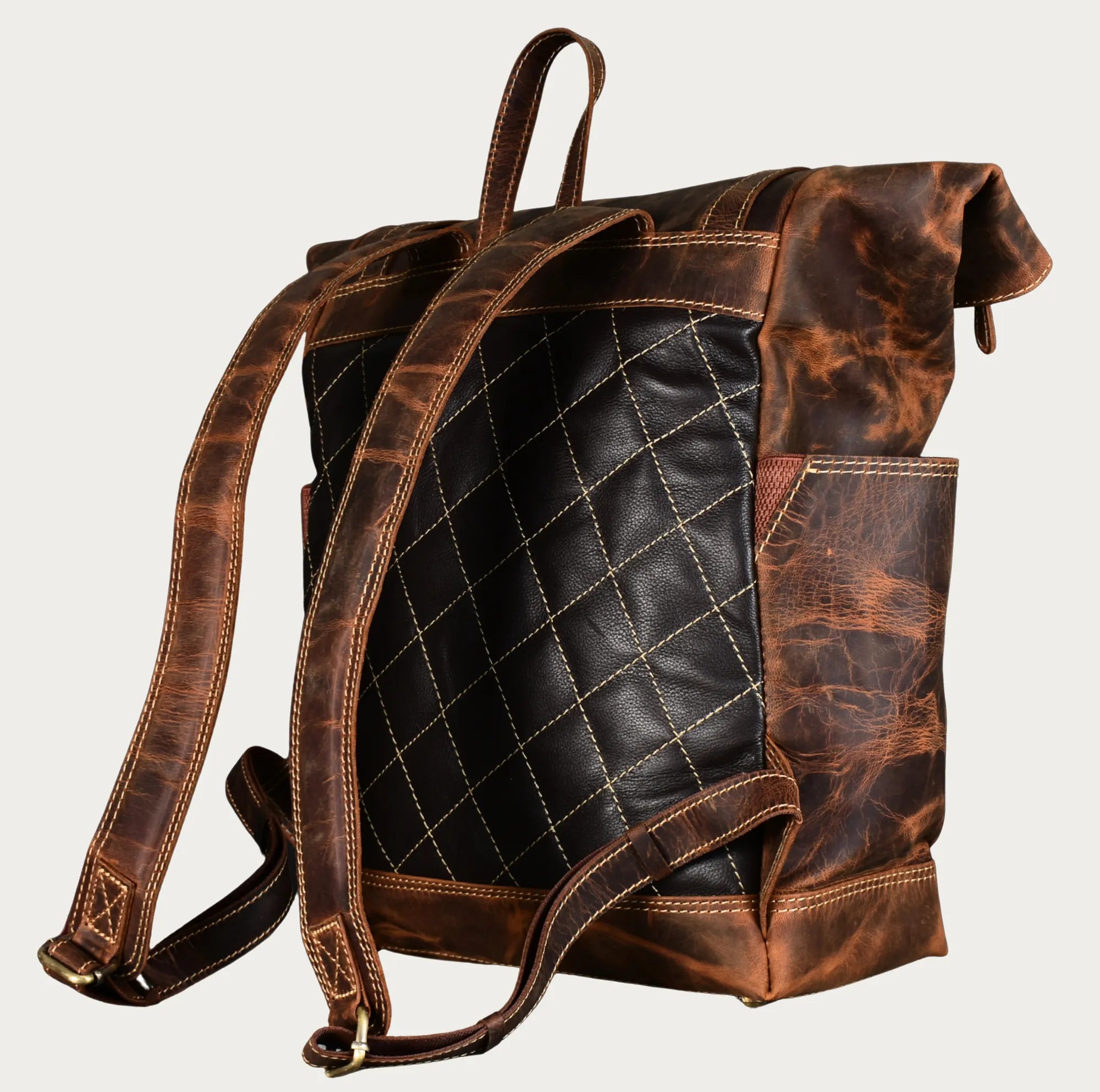 Roll-Top Distressed Leather Backpack – Full-Grain Men’s Travel Laptop Bag (Fits 16")