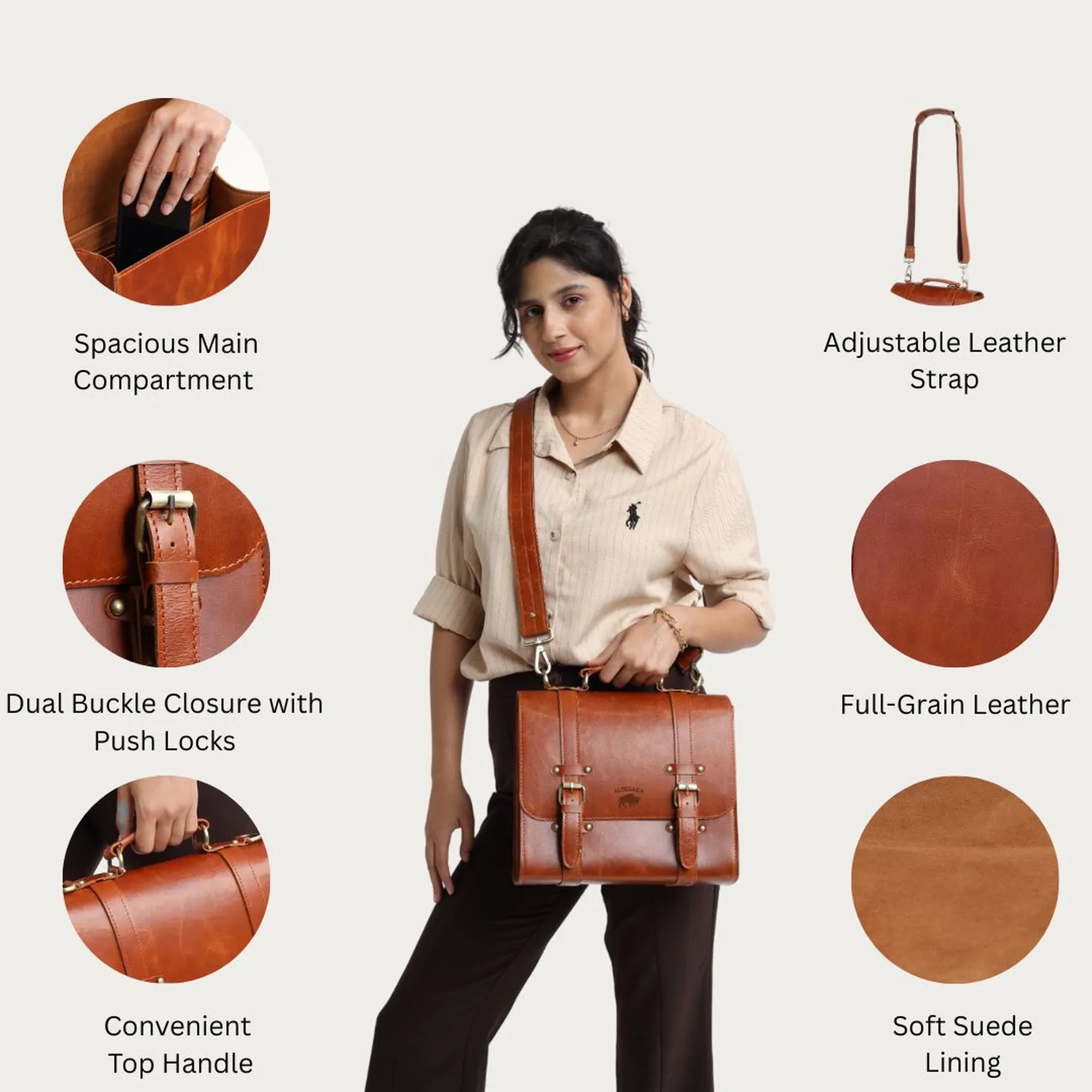 Tan Leather Messenger Bag – Full Grain Business Satchel for Women