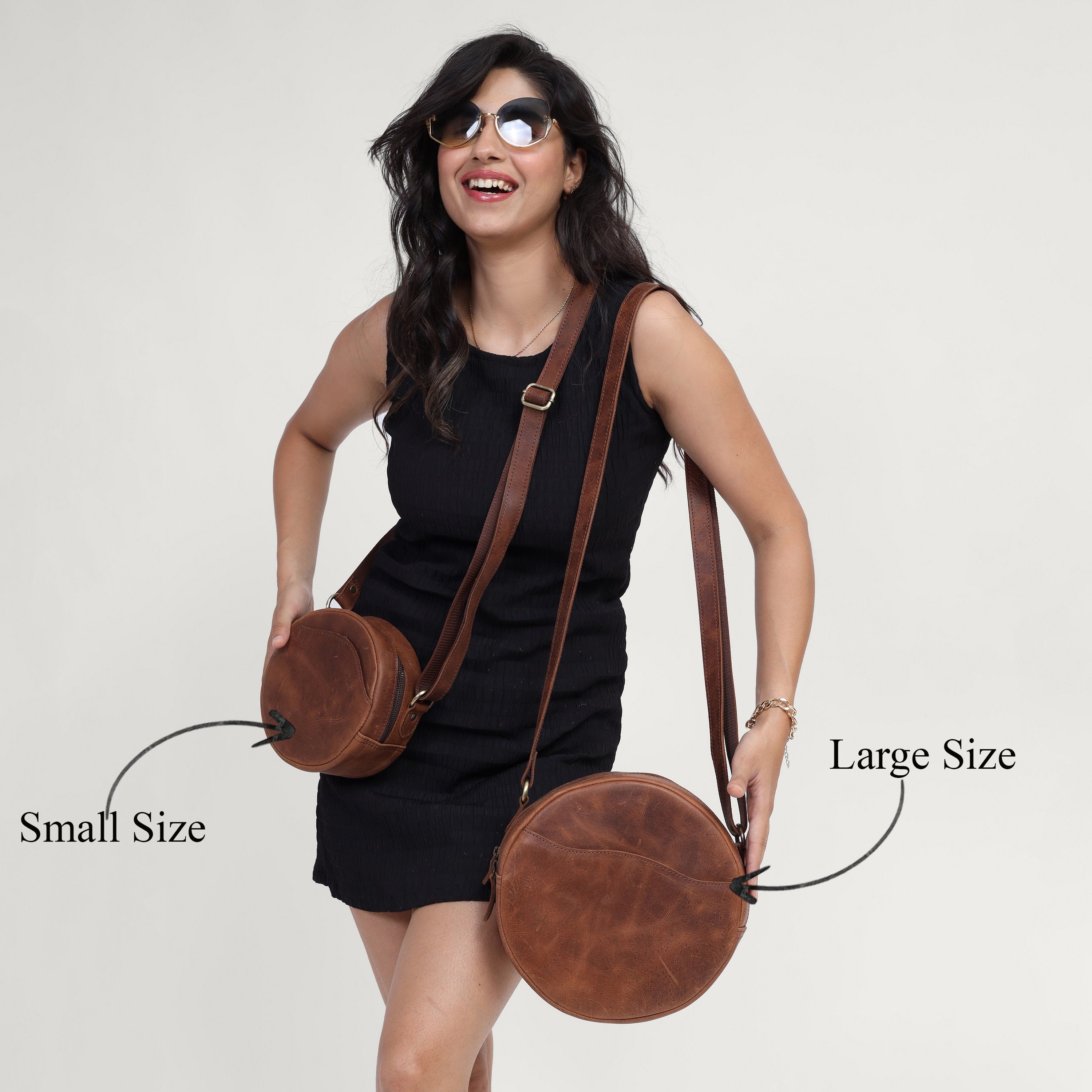 Vintage Brown Leather Crossbody Bag – Handmade Round Full Grain Sling
