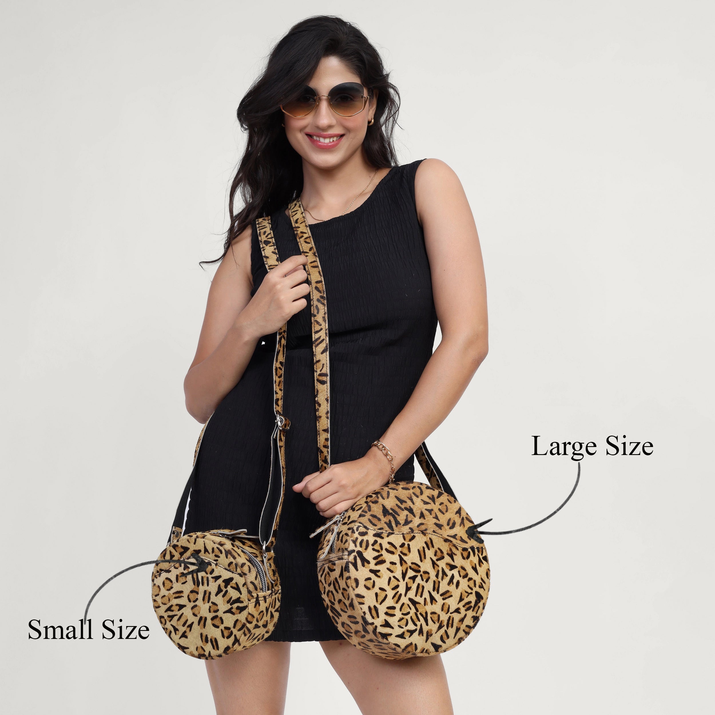 Leopard Hairon Leather Crossbody Bag – Round Handmade Sling for Women