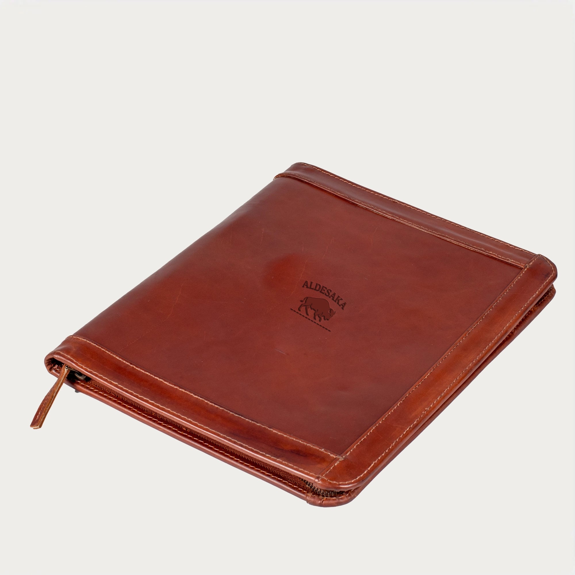Full-Grain Leather Zip Portfolio – Handmade A4 A5 Document Holder with Pen & Card Slots – Professional Business Folder