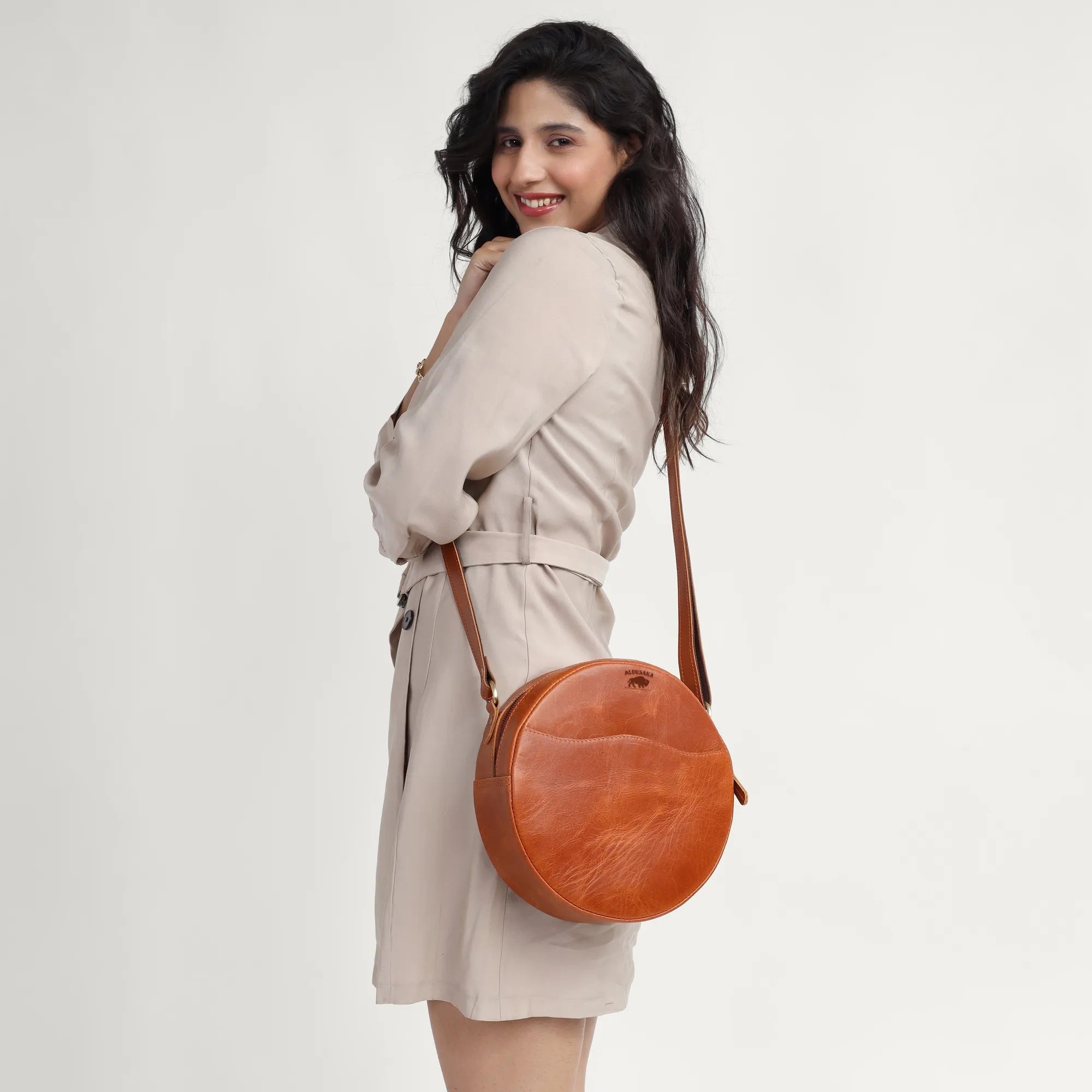 Tan Leather Crossbody Bag – Minimal Round Handmade Sling in Full Grain Leather