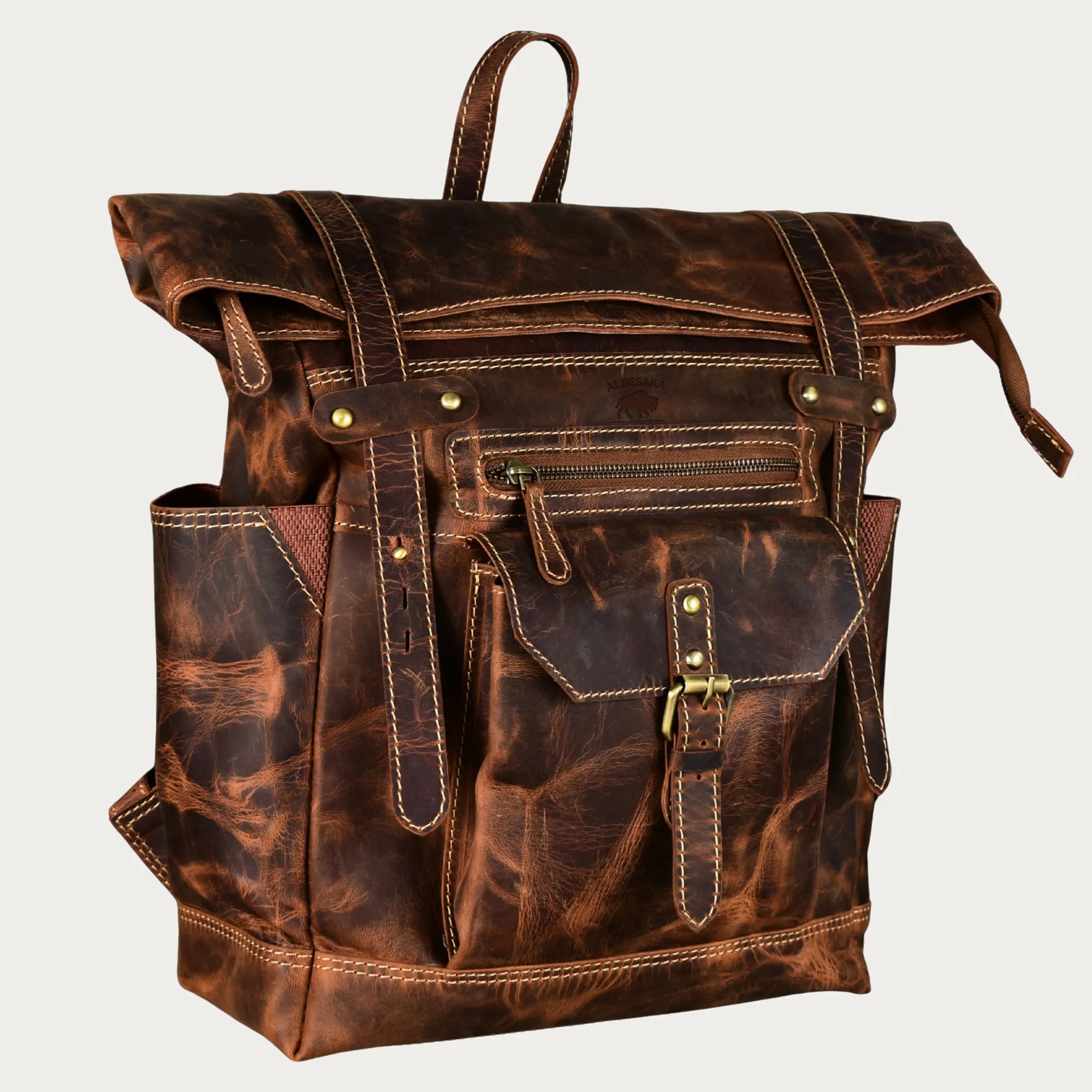 Roll-Top Distressed Leather Backpack – Full-Grain Men’s Travel Laptop Bag (Fits 16")