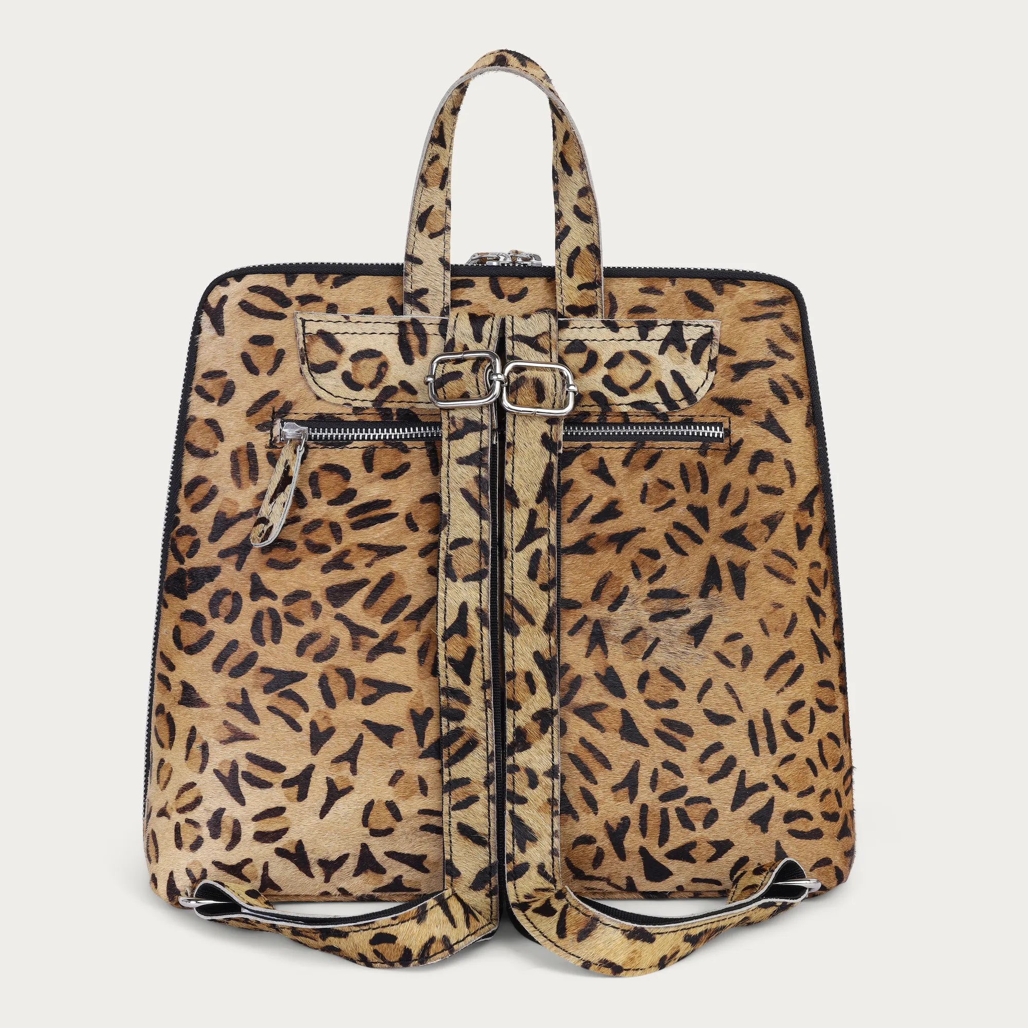 Leopard print backpack on a light gray background