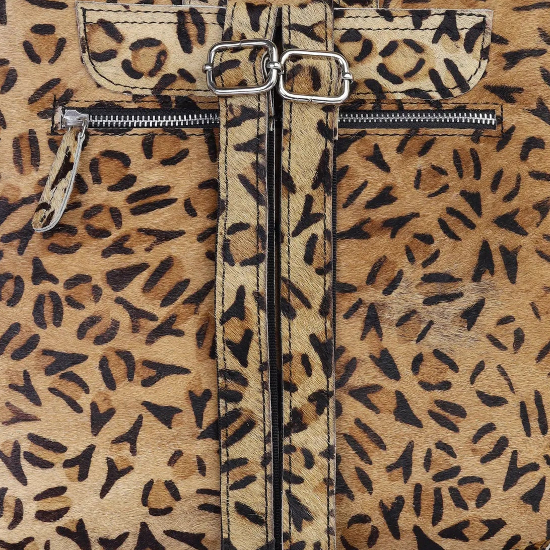 Leopard print backpack on a light gray background