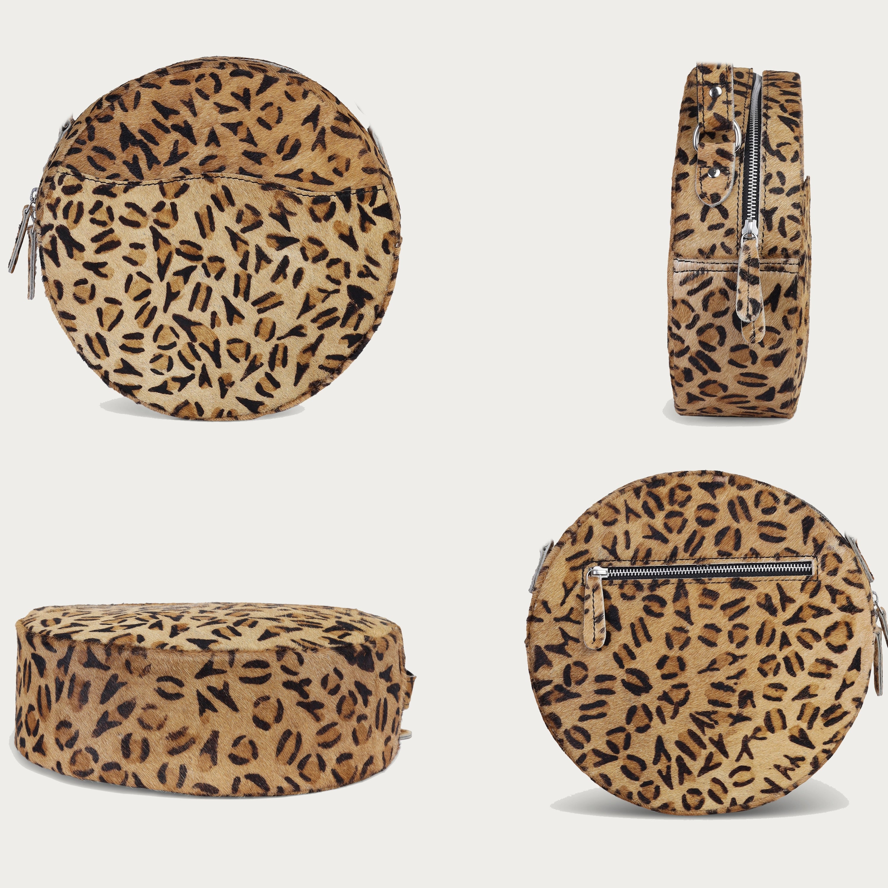 Leopard Hairon Leather Crossbody Bag – Round Handmade Sling for Women