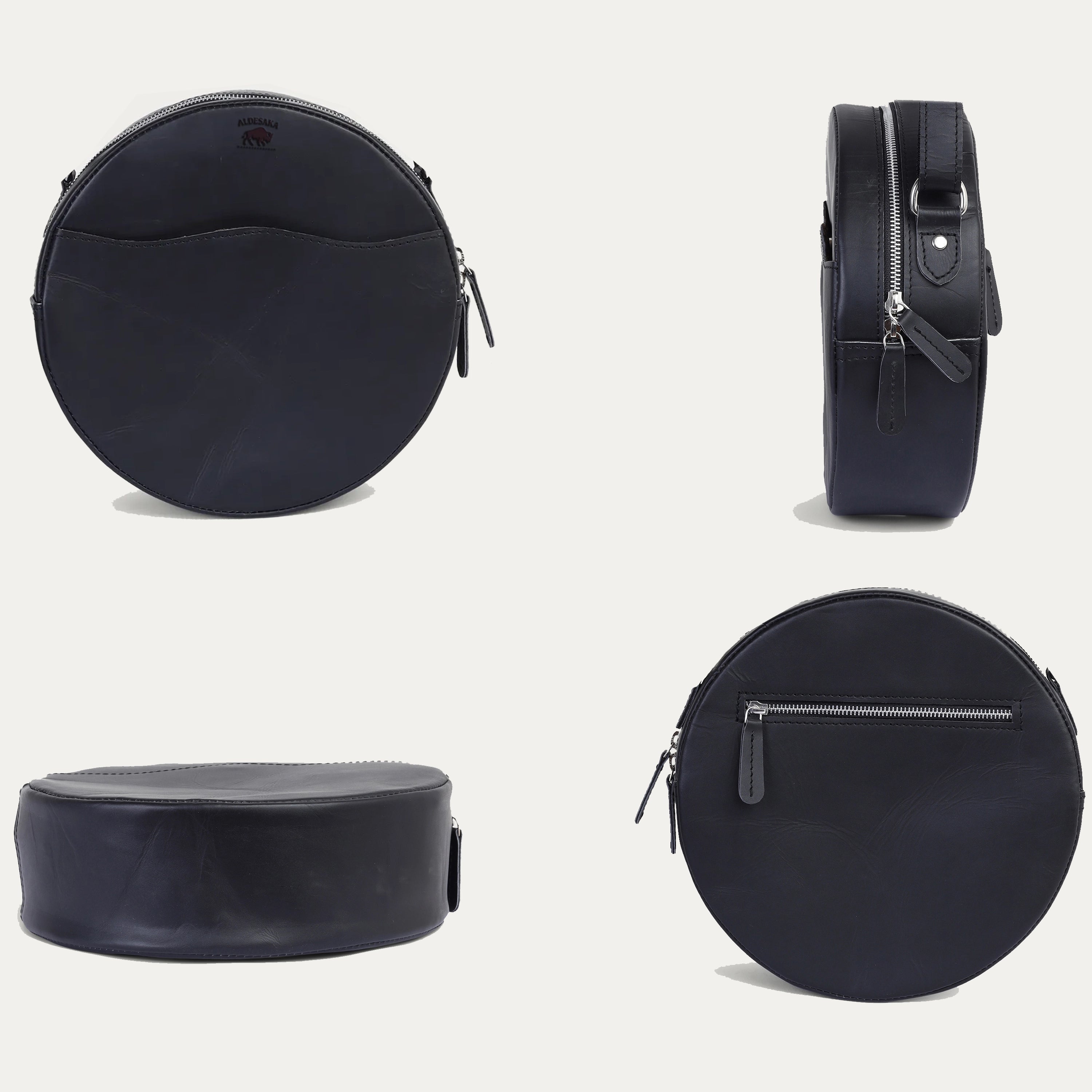 Round Black Leather Sling Bag – Full Grain Leather Crossbody Purse for Everyday Use (2 Sizes)
