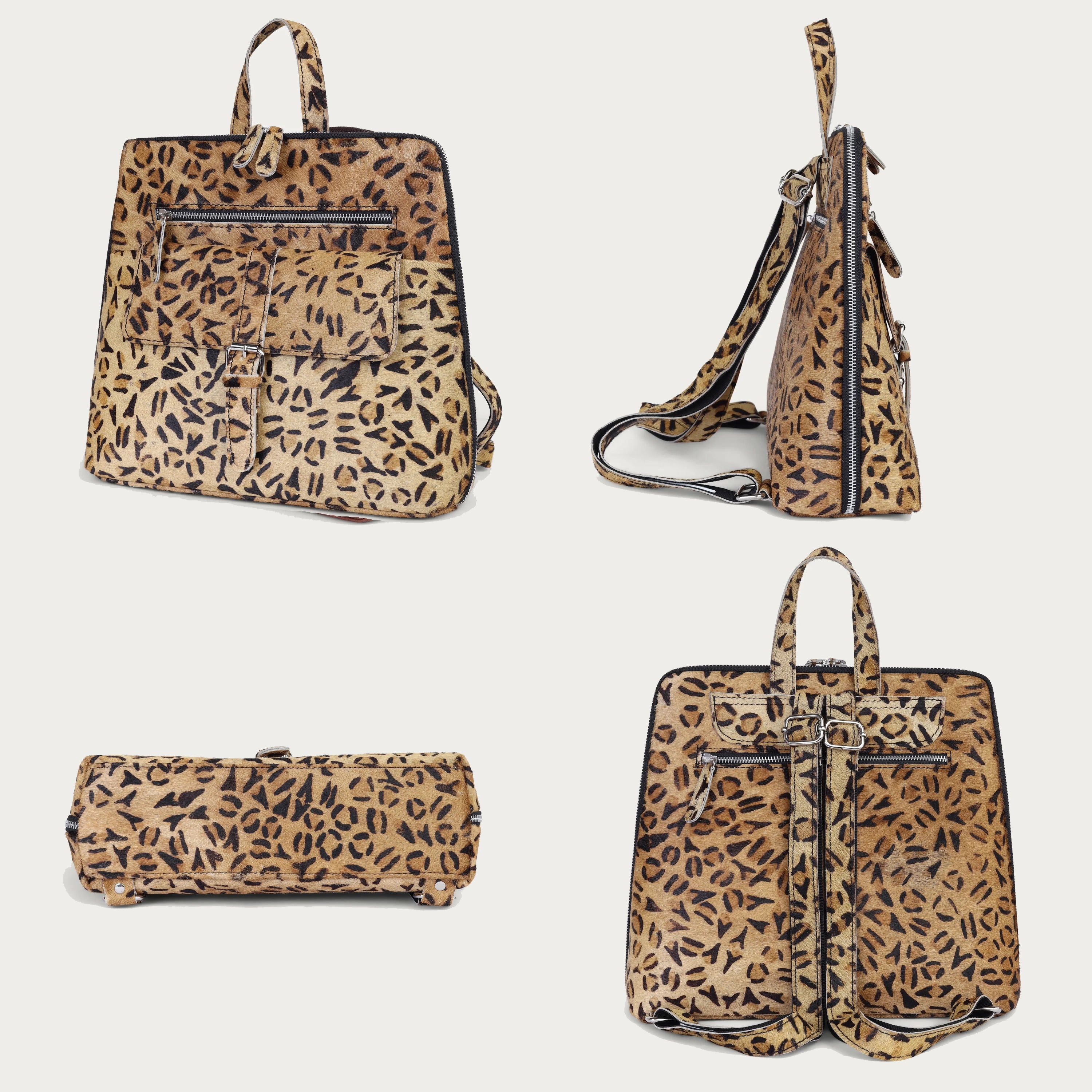 Leopard Hairon Leather Backpack – Handmade Cowhide Daypack for Women