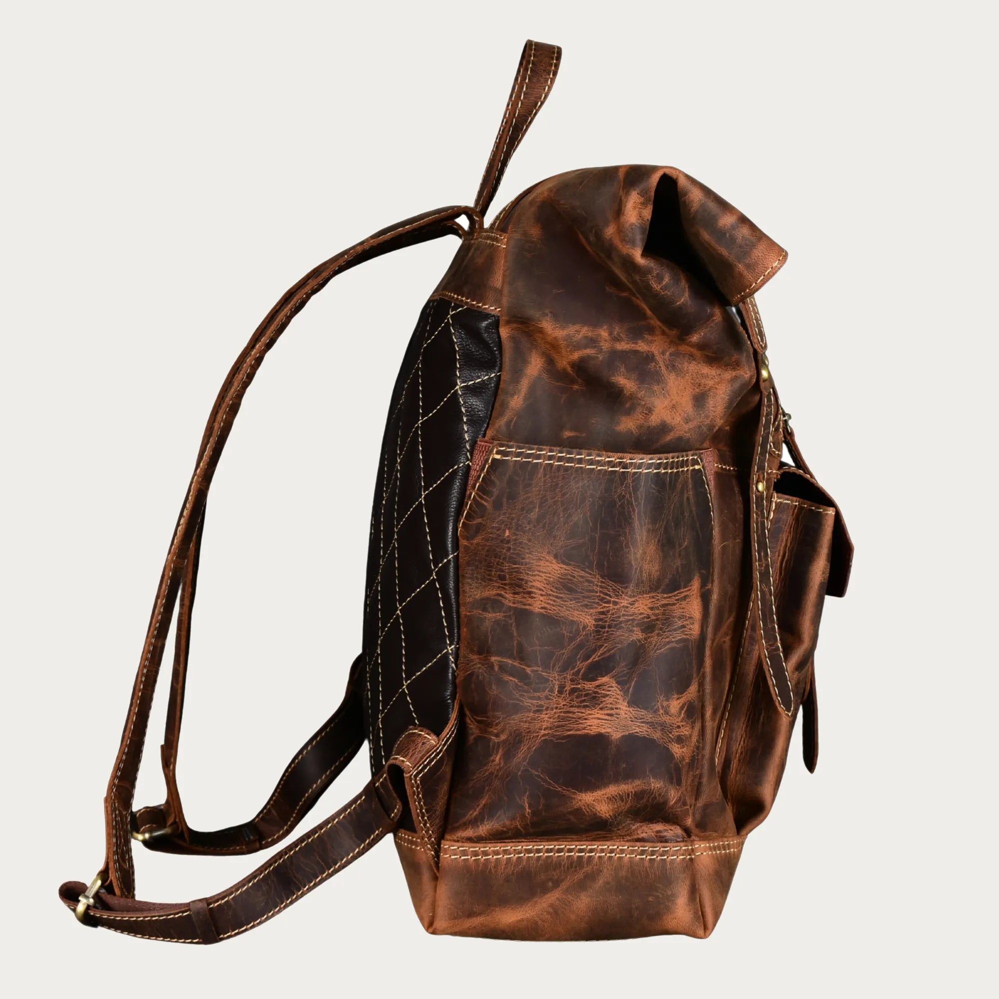 Roll-Top Distressed Leather Backpack – Full-Grain Men’s Travel Laptop Bag (Fits 16")