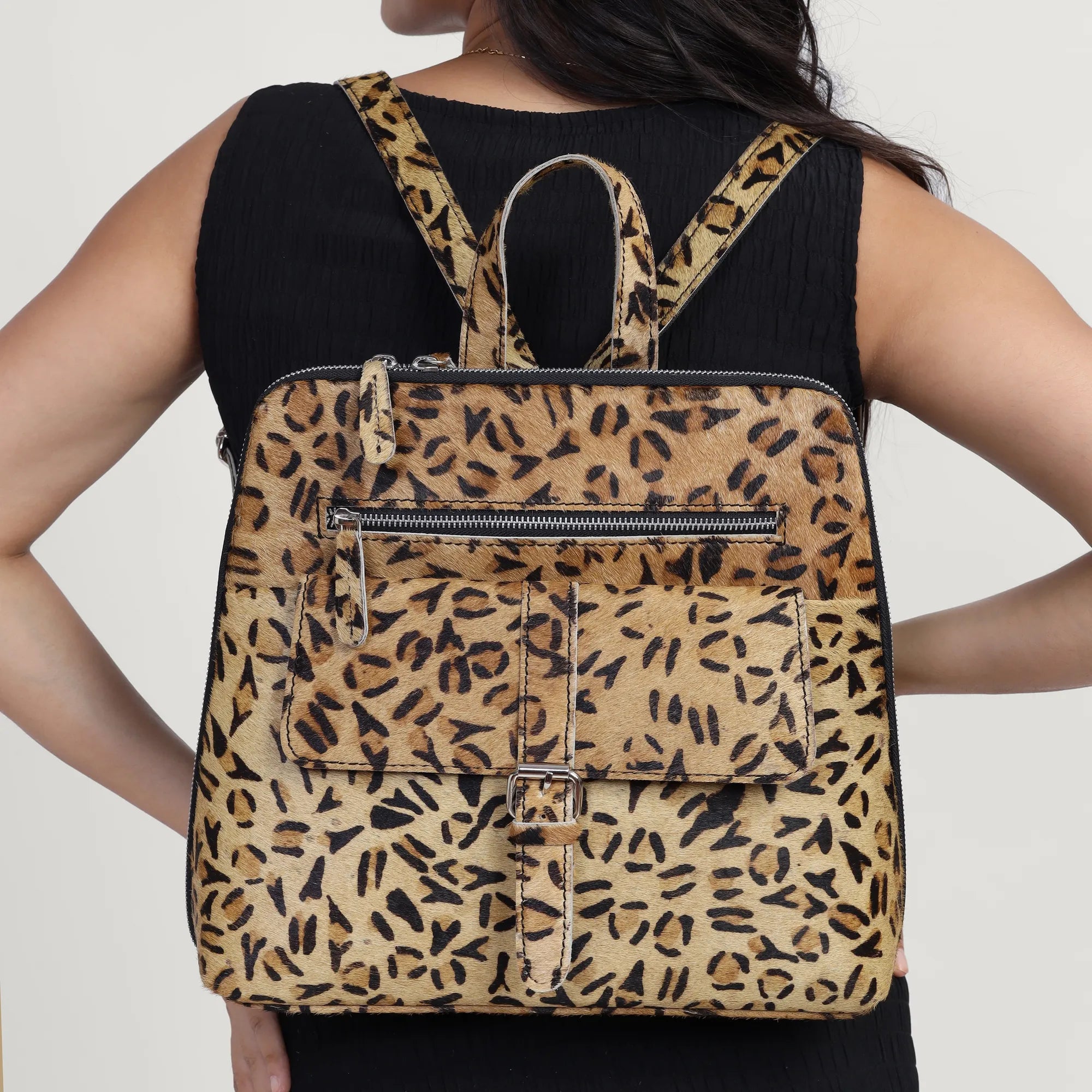 Leopard Hairon Leather Backpack – Handmade Cowhide Daypack for Women